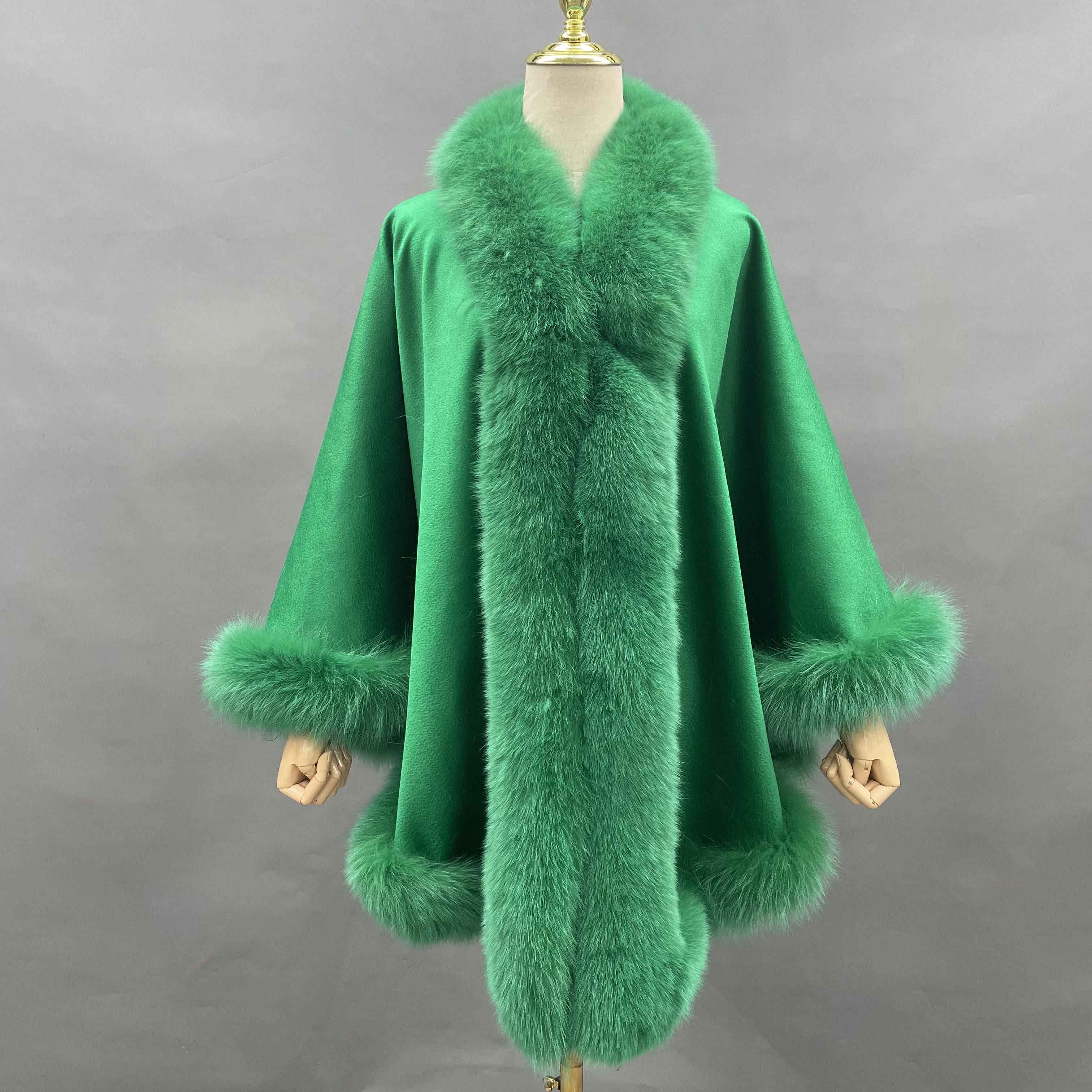 Women's Luxurious Cashmere Cape with Fox Fur Trim - Winter Fashion Outerwear 6#Green F