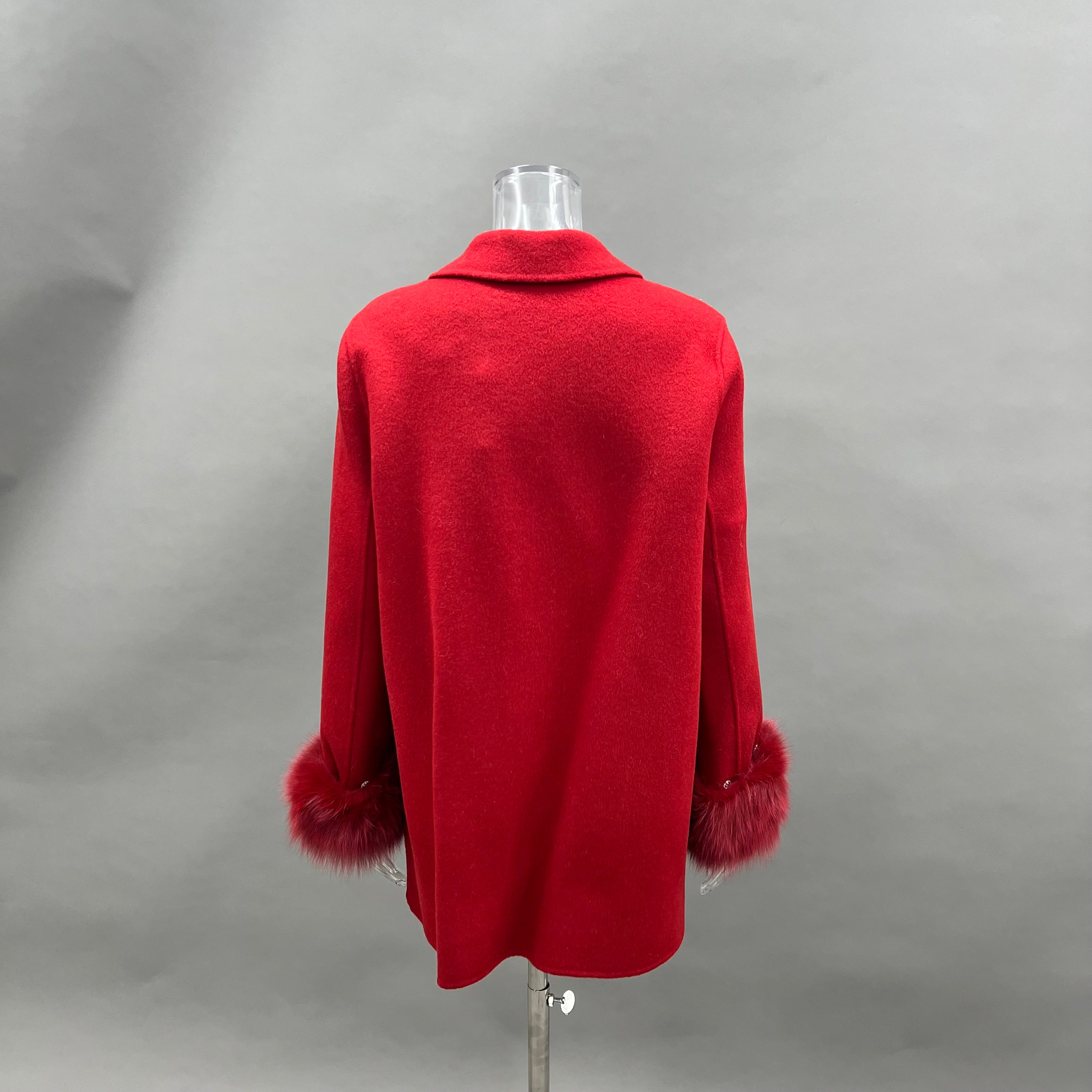 Women’s Red Double-Faced Wool Coat with Real Fox Fur Cuffs – Double-Breasted Notched Lapel Winter Jacket for Elegant Fashion