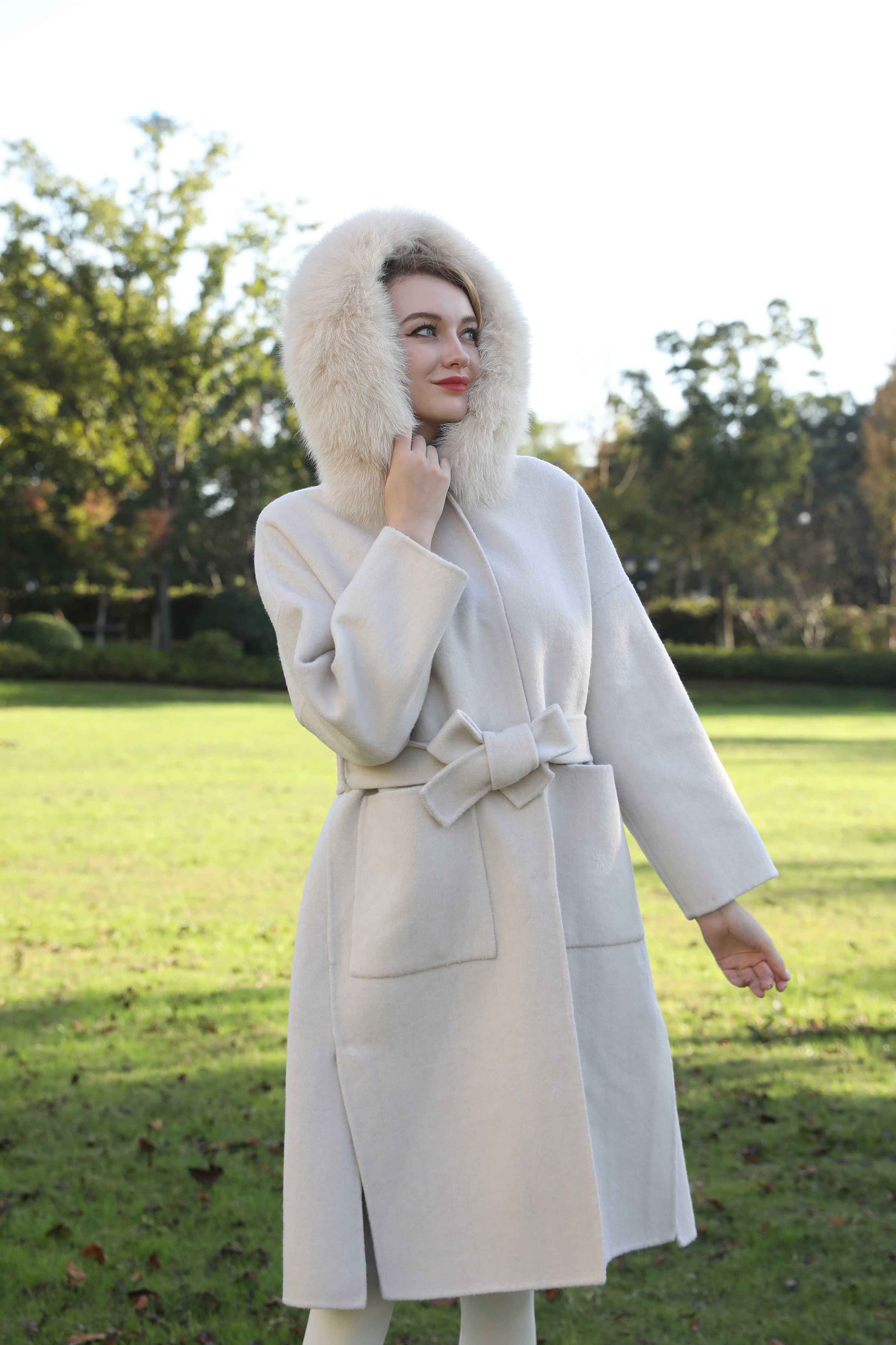 Modern Hooded Double-Faced Wool Coat with Cozy Fox Fur Details