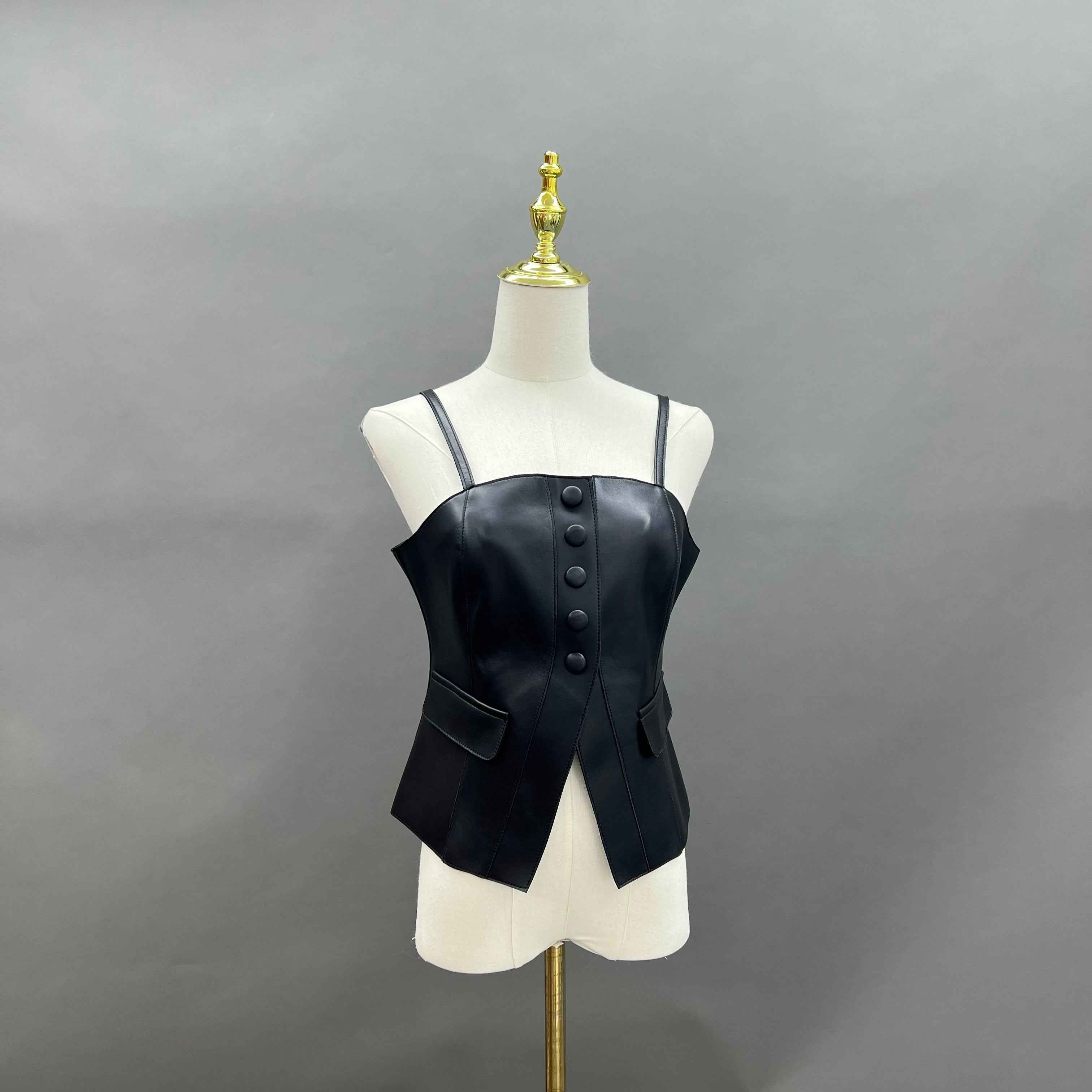 Pink Faux Leather Corset Top with Vertical Buttons and Pockets – Women’s Strappy Bodysuit for Casual & Party Wear