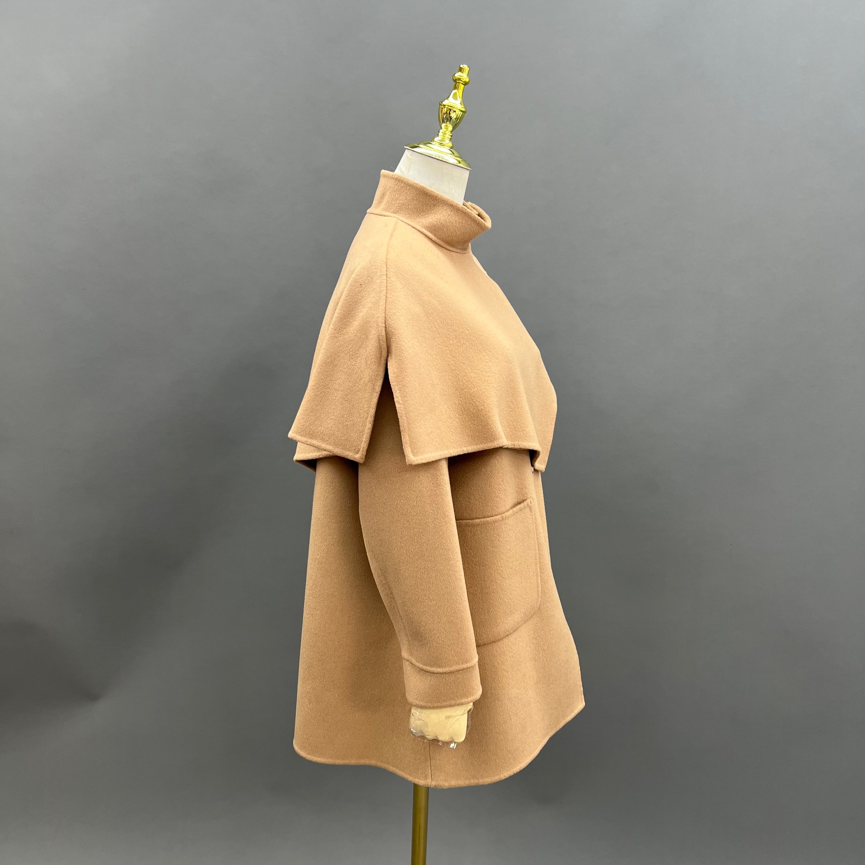 Women’s Camel Double-Faced Wool Cape Coat – Mid-Length Asymmetric Buttoned Winter Jacket for Elegant Fashion
