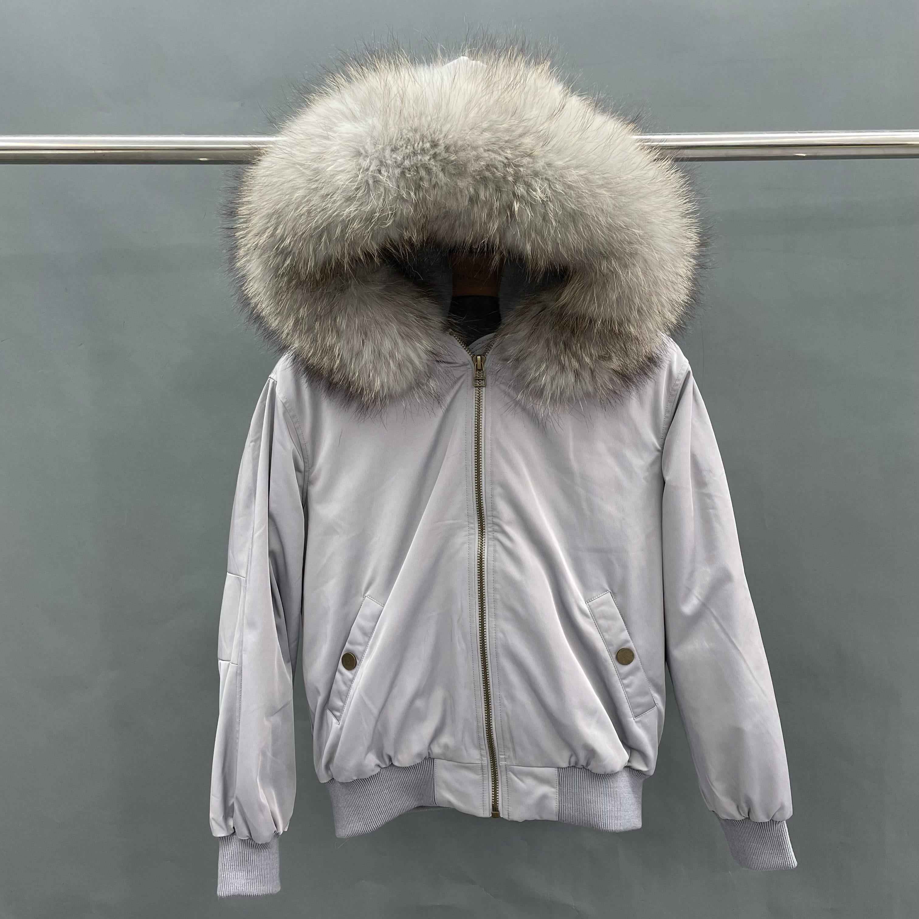 Women's Bomber Jacket with Raccoon Fur Collar – Winter Flight Jacket, Faux Fur Trim Aviator Coat for Cold Weather 3#Grey