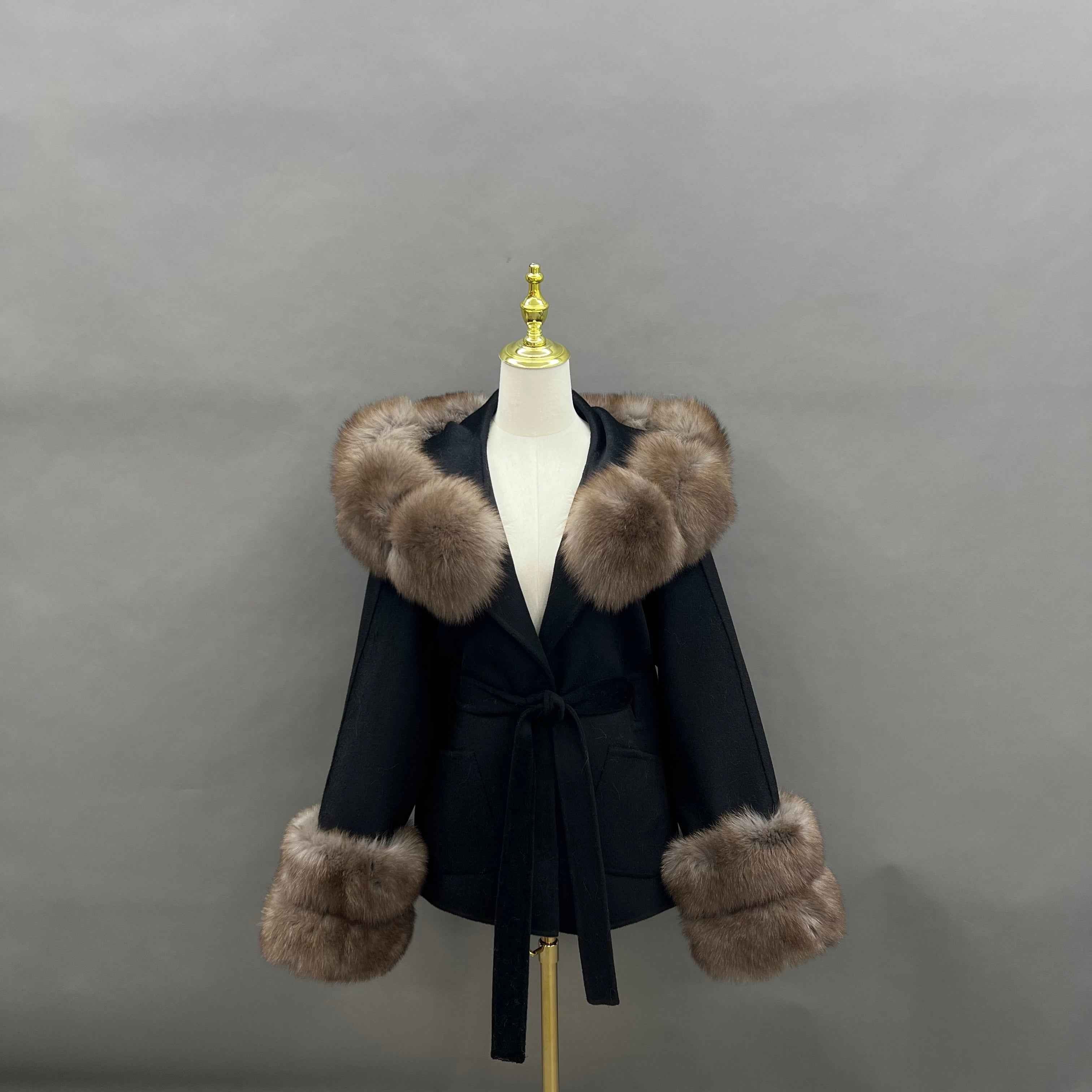 Autumn Winter Black Double - faced Wool Coat with Fox Fur Trim and Tie Waist