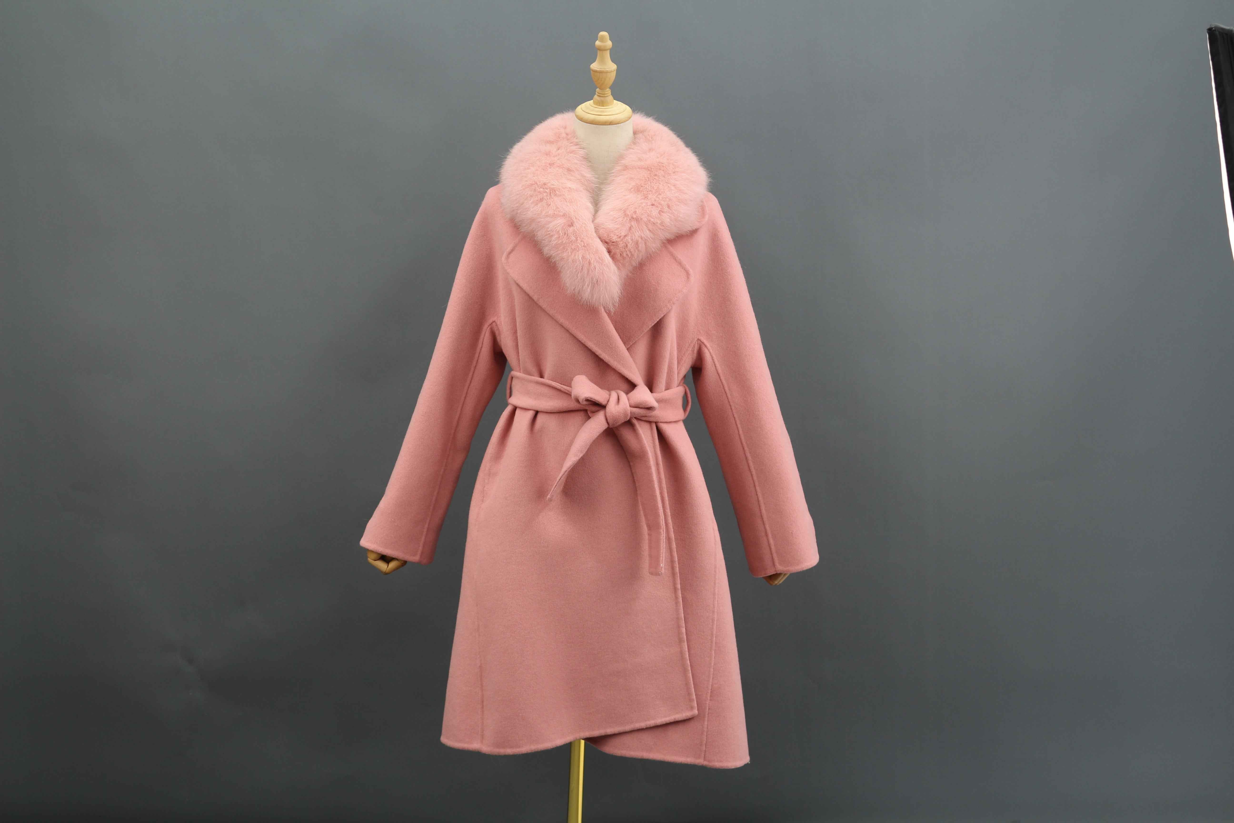 Women's Luxury Double - Faced Cashmere Coat with Fox Fur Collar, Small Flared Hem, Belted Elegant Winter Outerwear