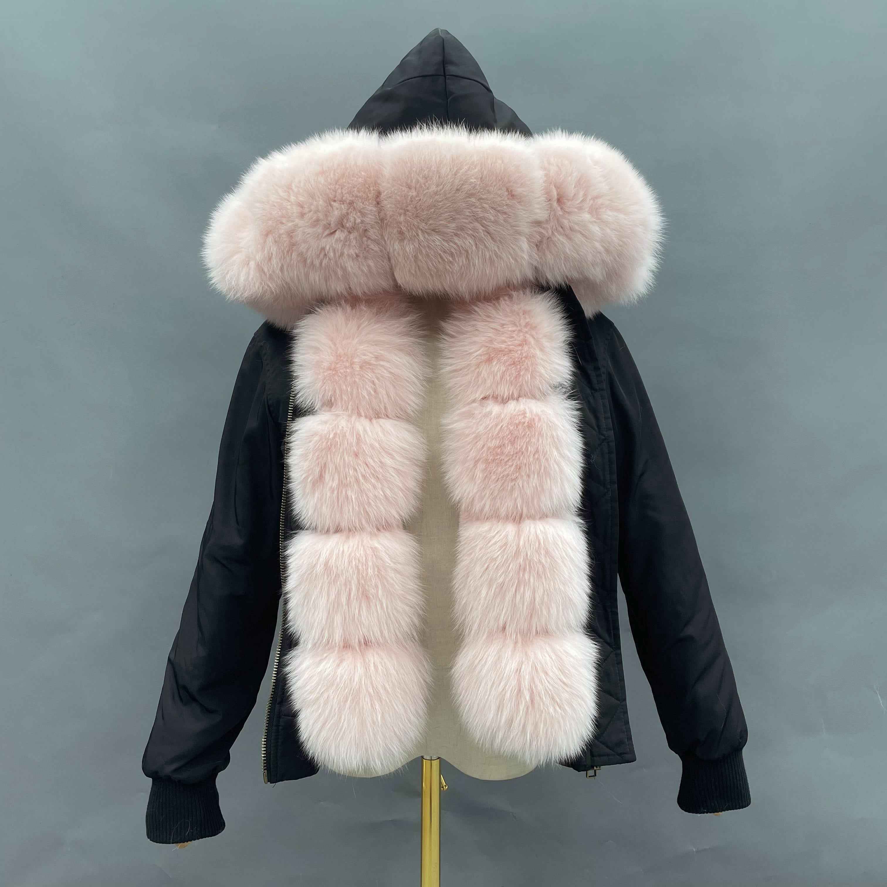 Women's Bomber Jacket with Pink Fox Fur Collar & Front Trim – Luxury Aviator Coat, Furry Winter Fashion Statement Piece 2#