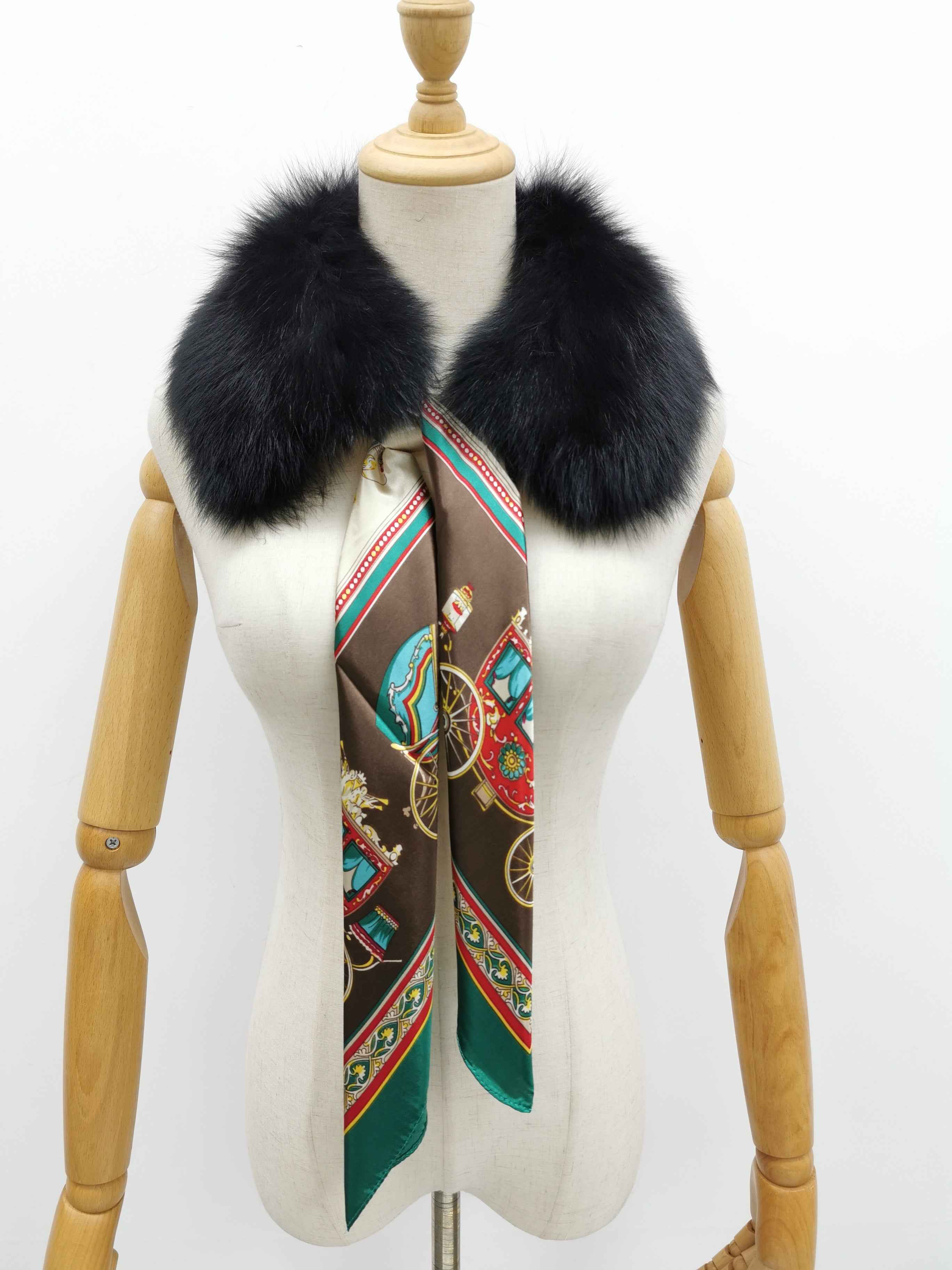 Women's Luxurious Fox Fur Small Square Collar with Printed Silk Scarf - Fashion Accessory 1#Black F