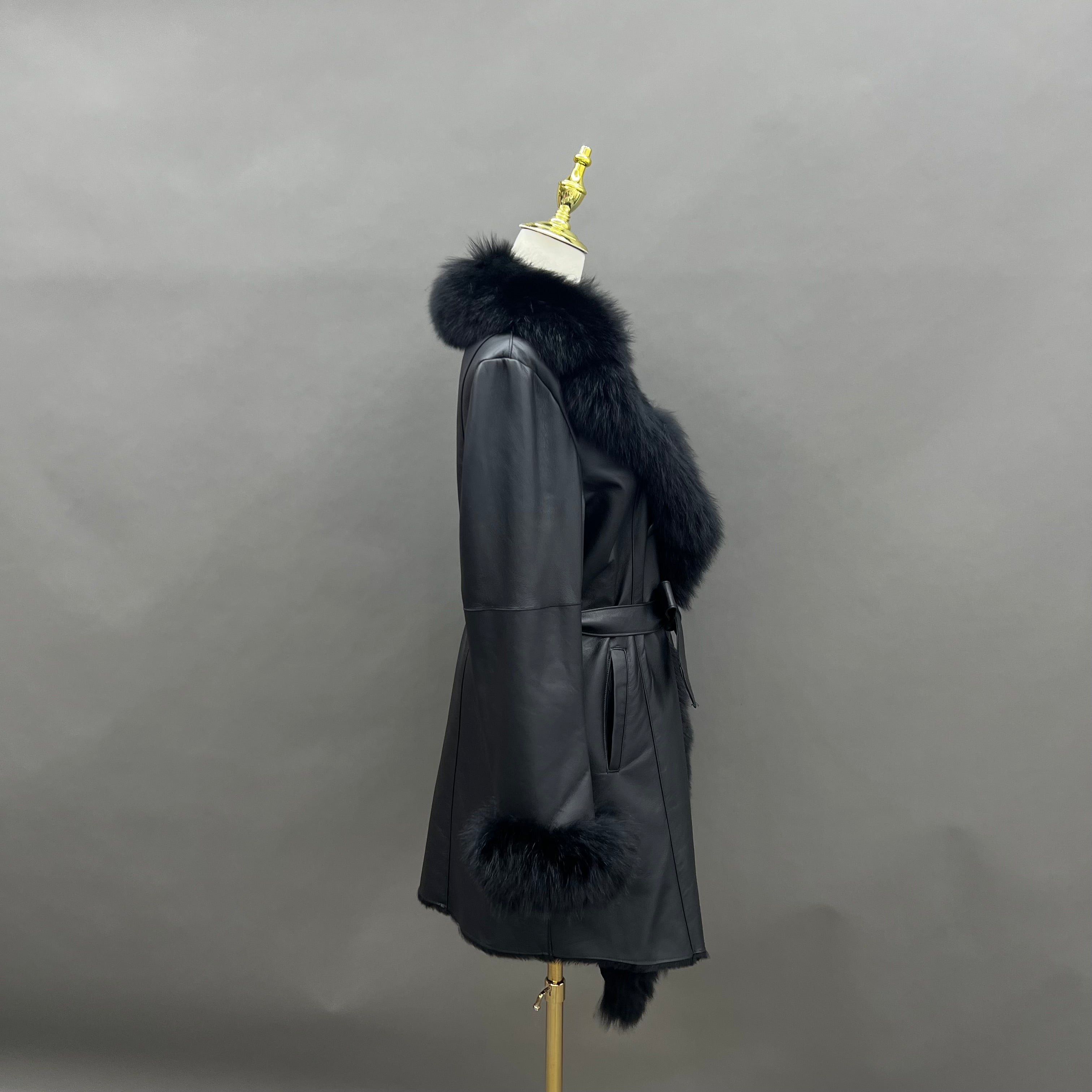 Women's Mid-Length Shearling Coat with Fox Fur Notched Lapel, Belted Waist & Cuff Trim - Luxe Winter Outerwear