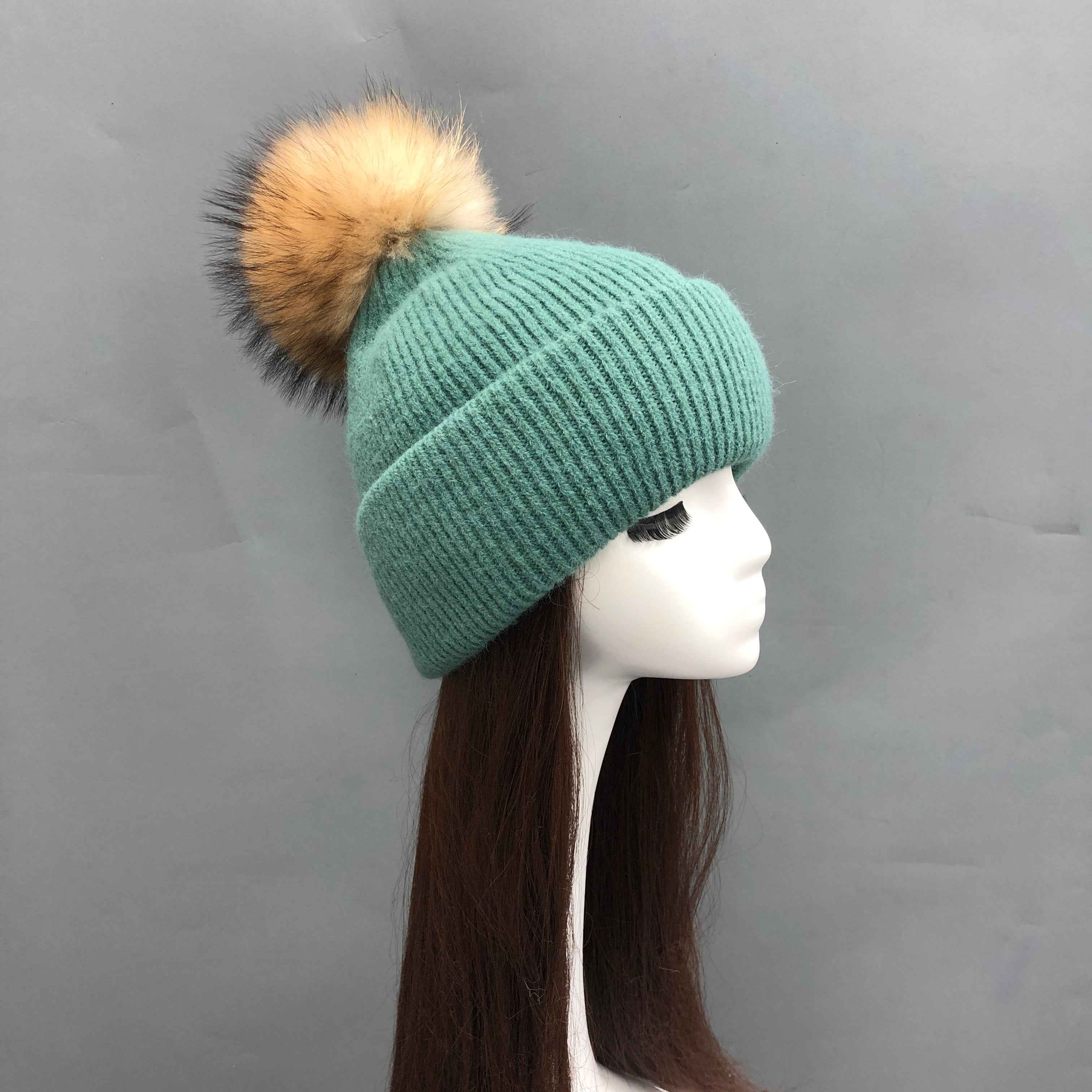 Wholesale Fine Ribbed Rabbit Fur Knit Beanie – Raccoon Fur Pompom Top, Warm Winter Hat for Women, Premium Quality in Bulk 6#turquoise Adult