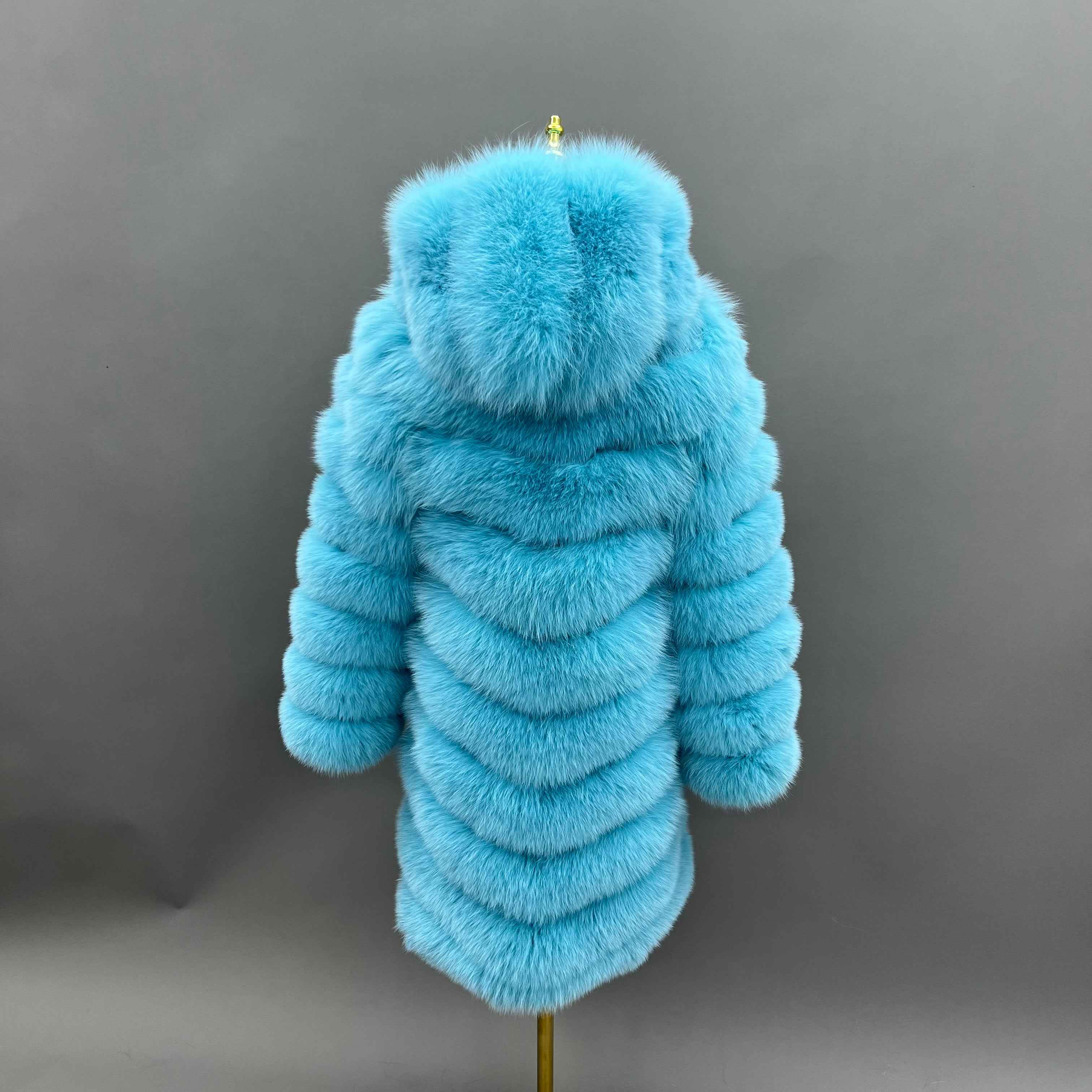 Luxury Blue Fox Fur Coat with Hood – Long Chevron Stitched 10-Panel Women’s Winter Fur Jacket