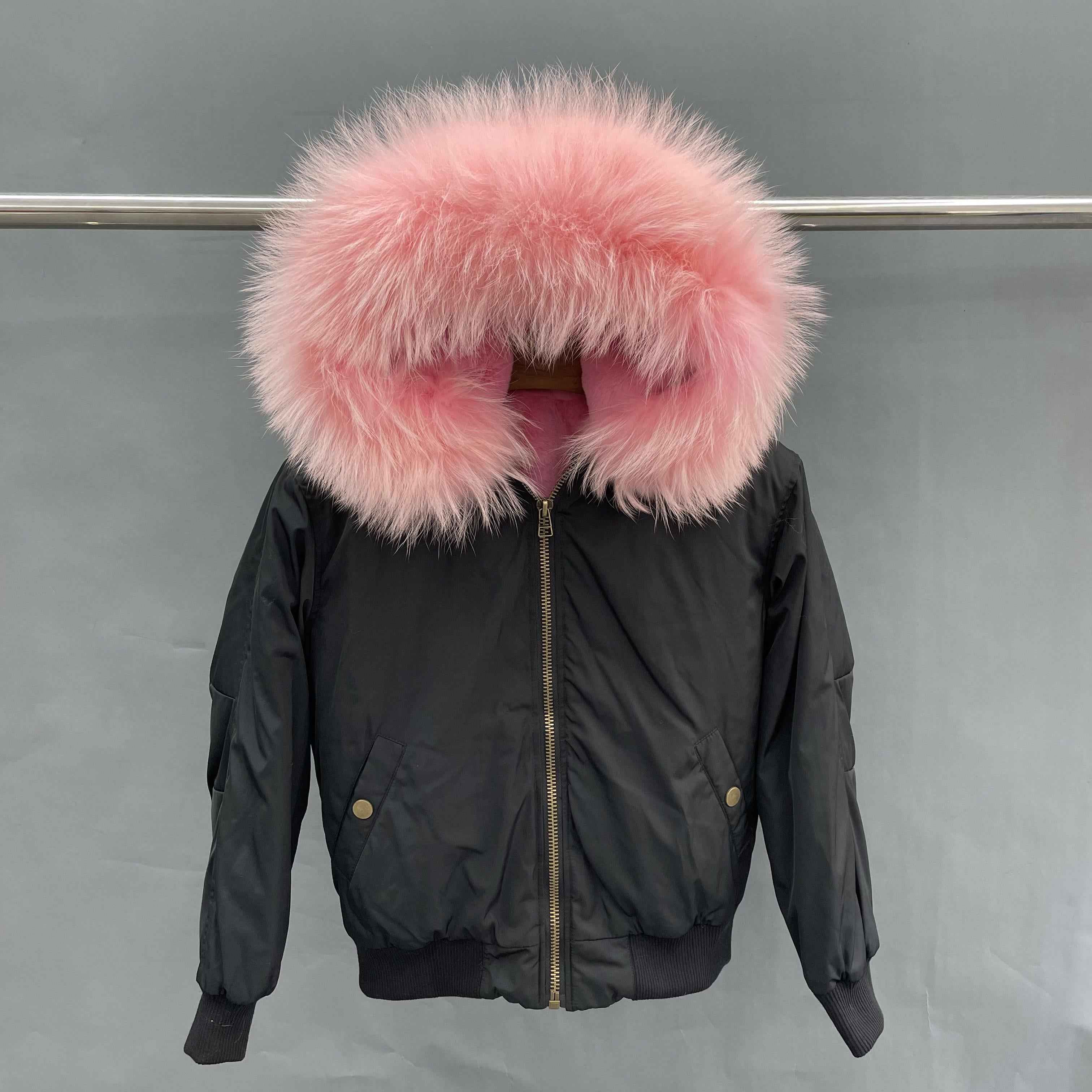 Women's Bomber Jacket with Raccoon Fur Collar – Winter Flight Jacket, Faux Fur Trim Aviator Coat for Cold Weather 6#Black