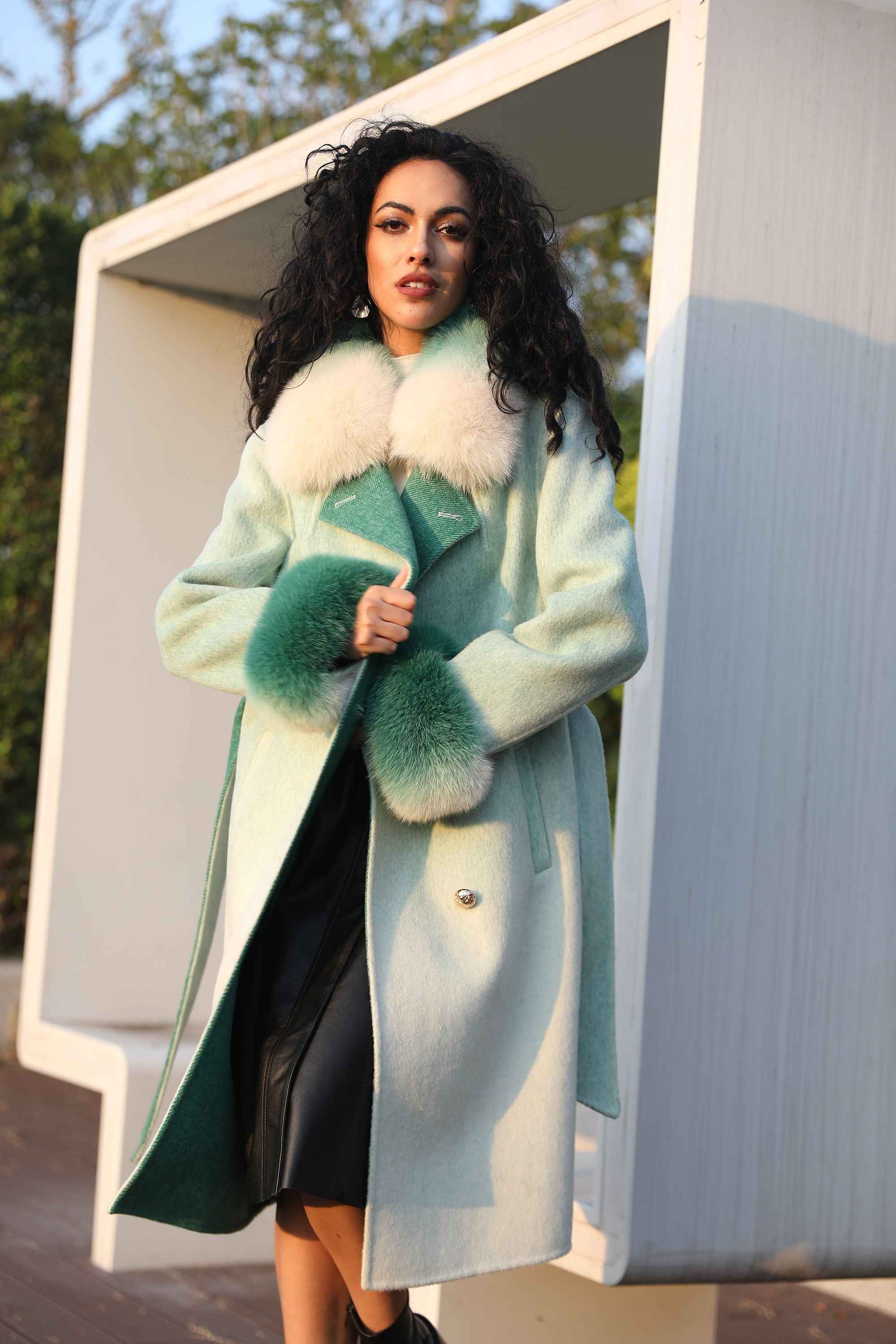 Cashmere Double Faced Coat with Fox Fur Collar & Cuffs, Tie Belt and Delicate Collar Design