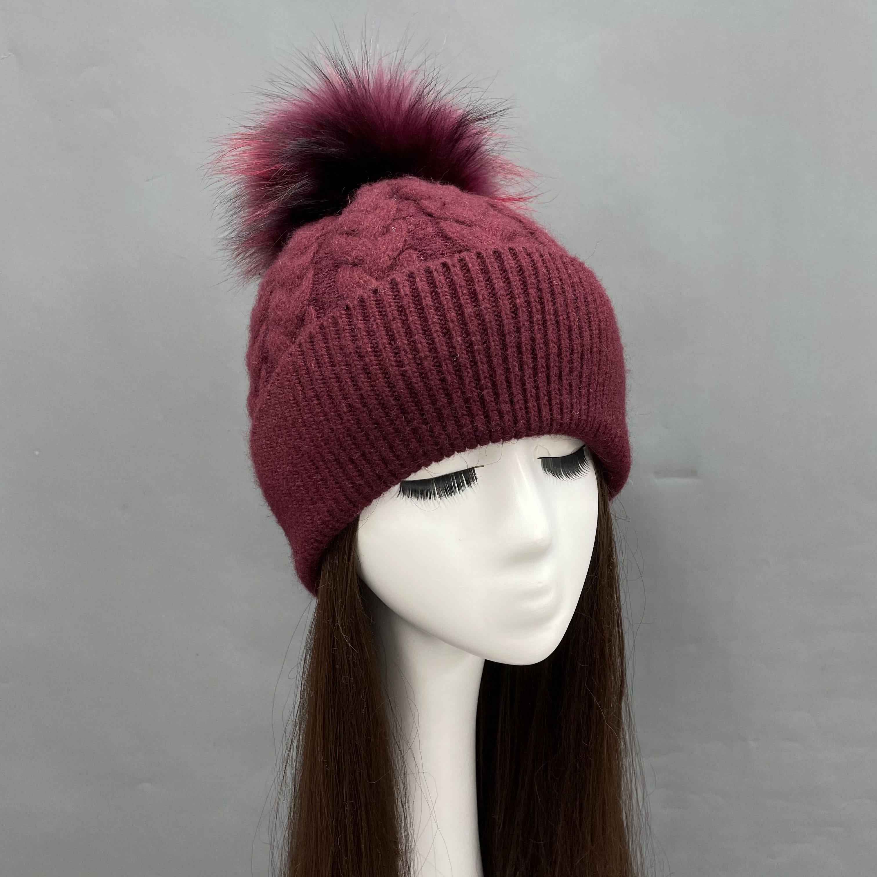 Women's Burgundy Cable Knit Beanie with Matching Raccoon Dog Fur Pom-Pom – Soft Rabbit Blend, Stylish Winter Hat for Holiday & Party Wear 4#Wine a22 b40-72