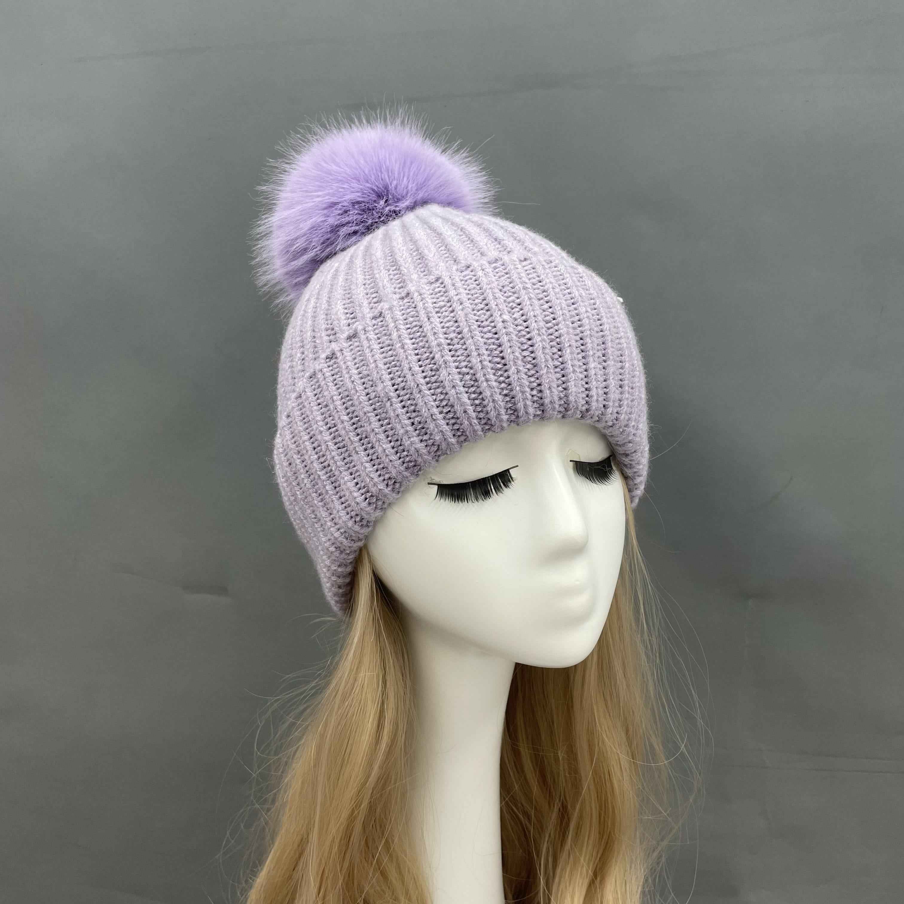 Women's Orange Knit Beanie Hat with Fur Pom-Pom & Leather Patch – Warm Winter Hat for Women, Fashionable & Cozy 6#Lavender a20 b32-66