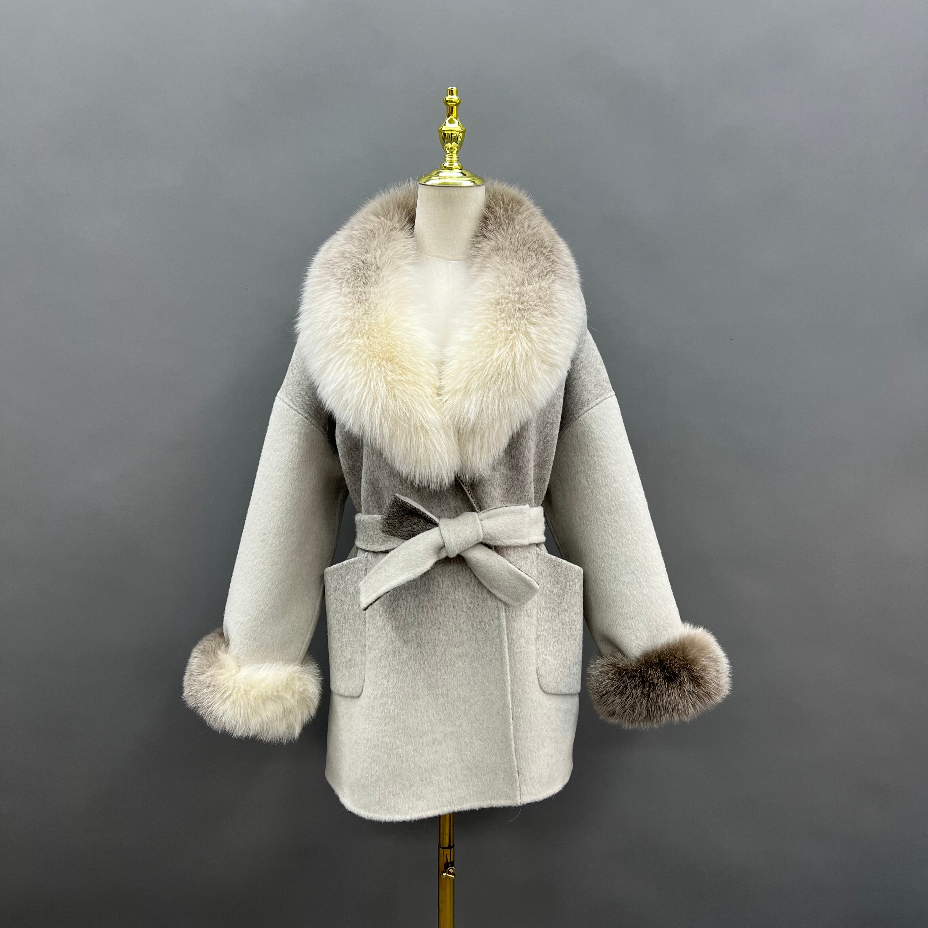 Women’s Pink Gradient Real Fox Fur Collar Wool Coat – Bow Belted Short Winter Jacket for Elegant Fashion 4#Gradient Grey