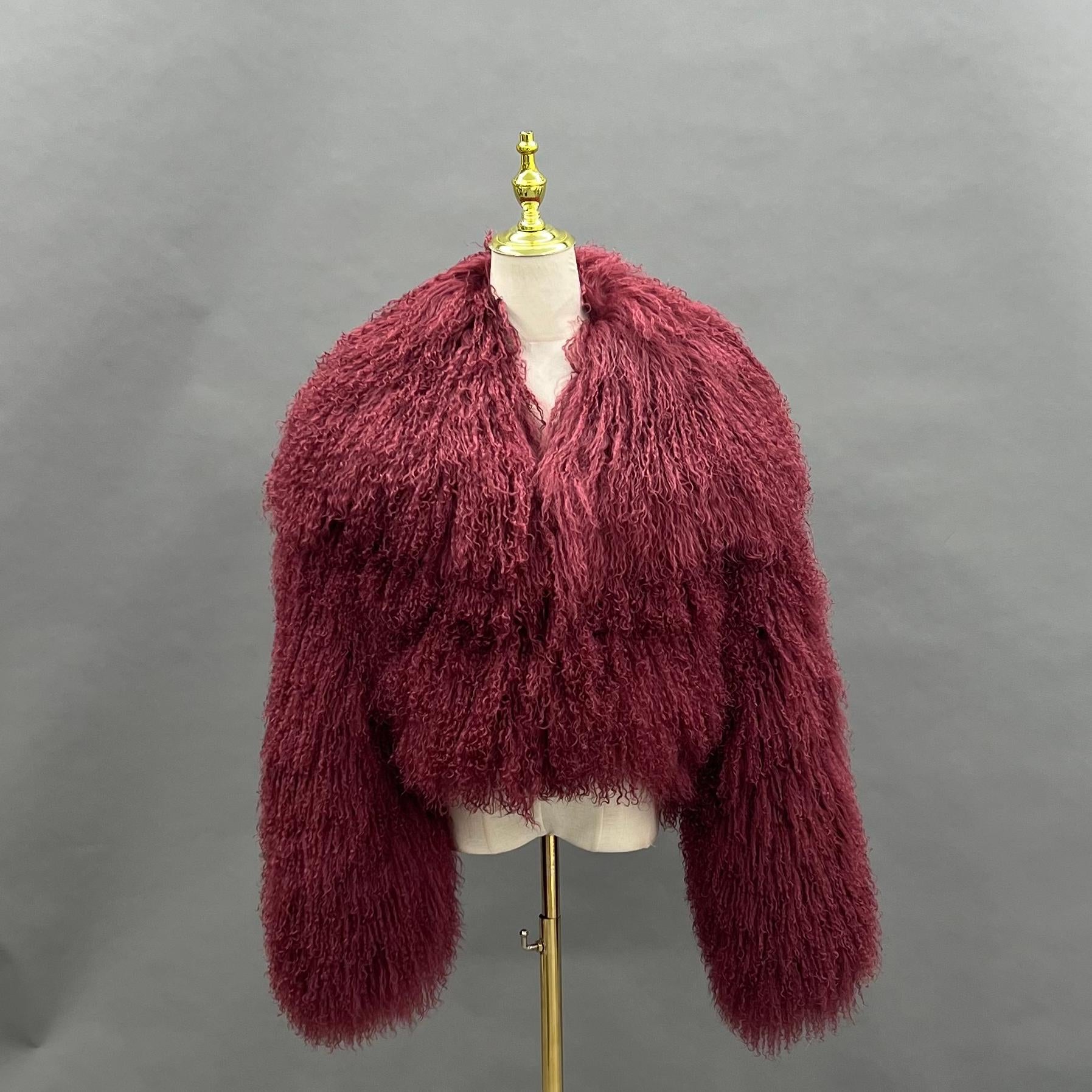 Women's Mongolian Lamb Fur Large Collar Casual Short Fur Jacket Outwear Coat Wine