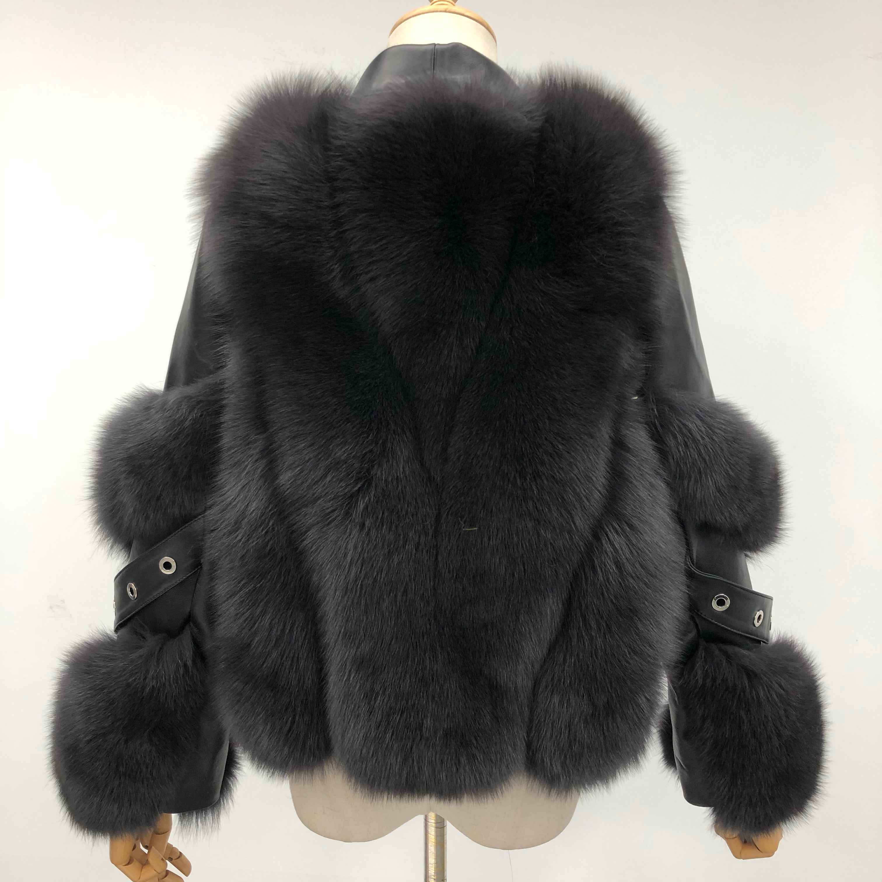 New Arrival Dark Grey Fox Fur Coat with Leather Patchwork - Cropped Biker Style Winter Outerwear"