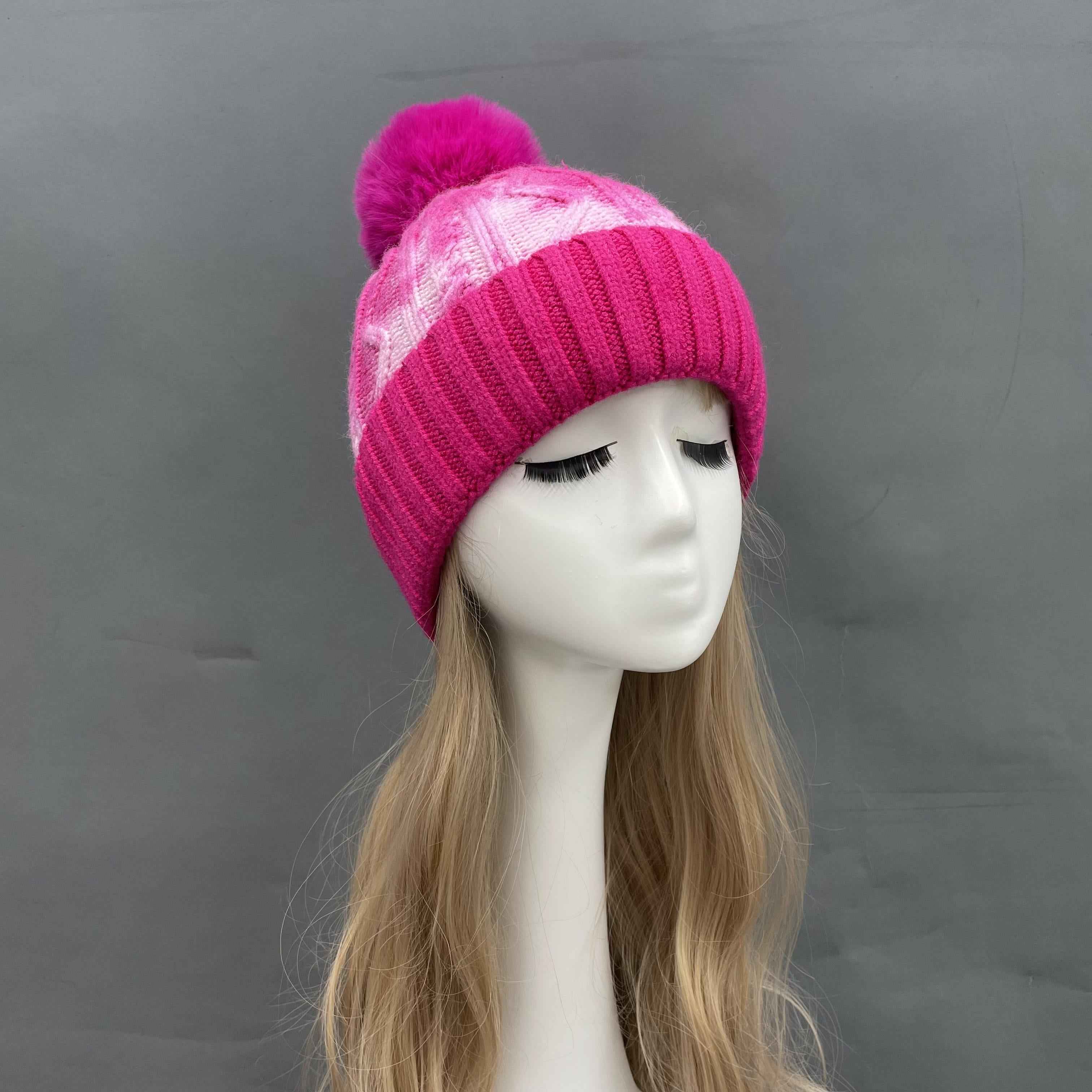 Women's Tie-Dye Knit Beanie with Faux Fur Pom-Pom – Colorful Winter Hat for Women, Trendy & Cozy 6#Hot Pink Striped a21 b36-64
