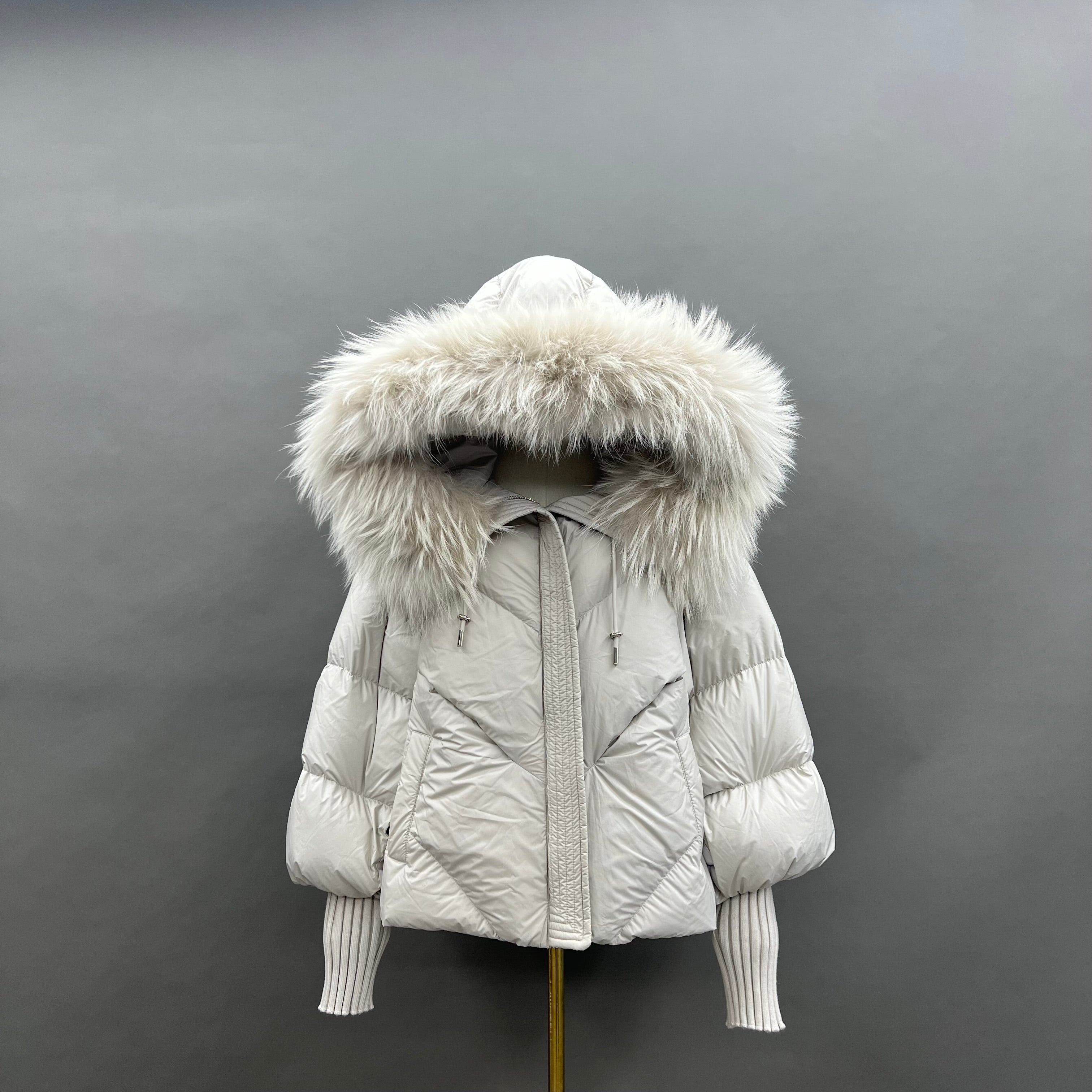 Women’s Black Down Jacket with Real Raccoon Fur Hood – Short Puffer Winter Coat for Elegant Fashion 3#White