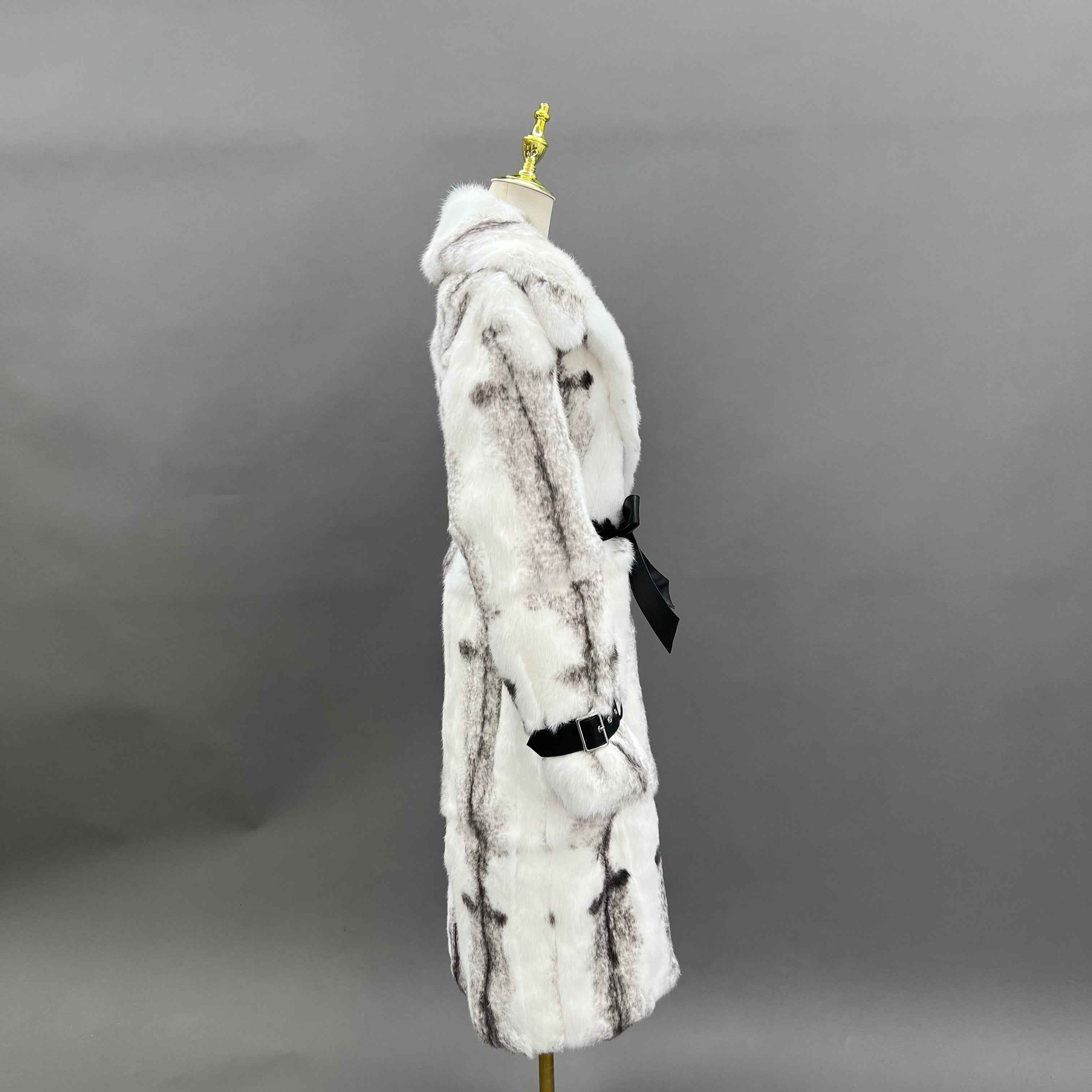 Luxury Rabbit Fur Coat with Notched Lapel and Leather Cuffs – Long Women’s Winter Fur Jacket with Belt