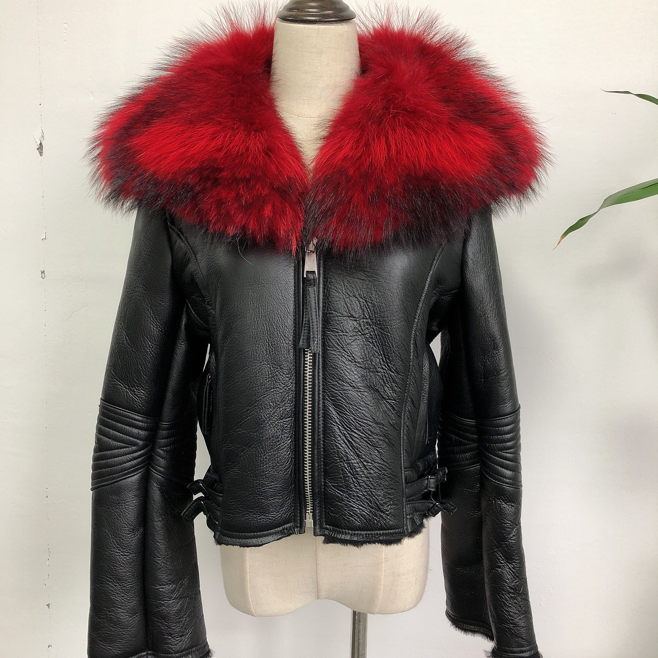 Large Raccoon Fur Collar Leather and Fur Combination - Janefur
