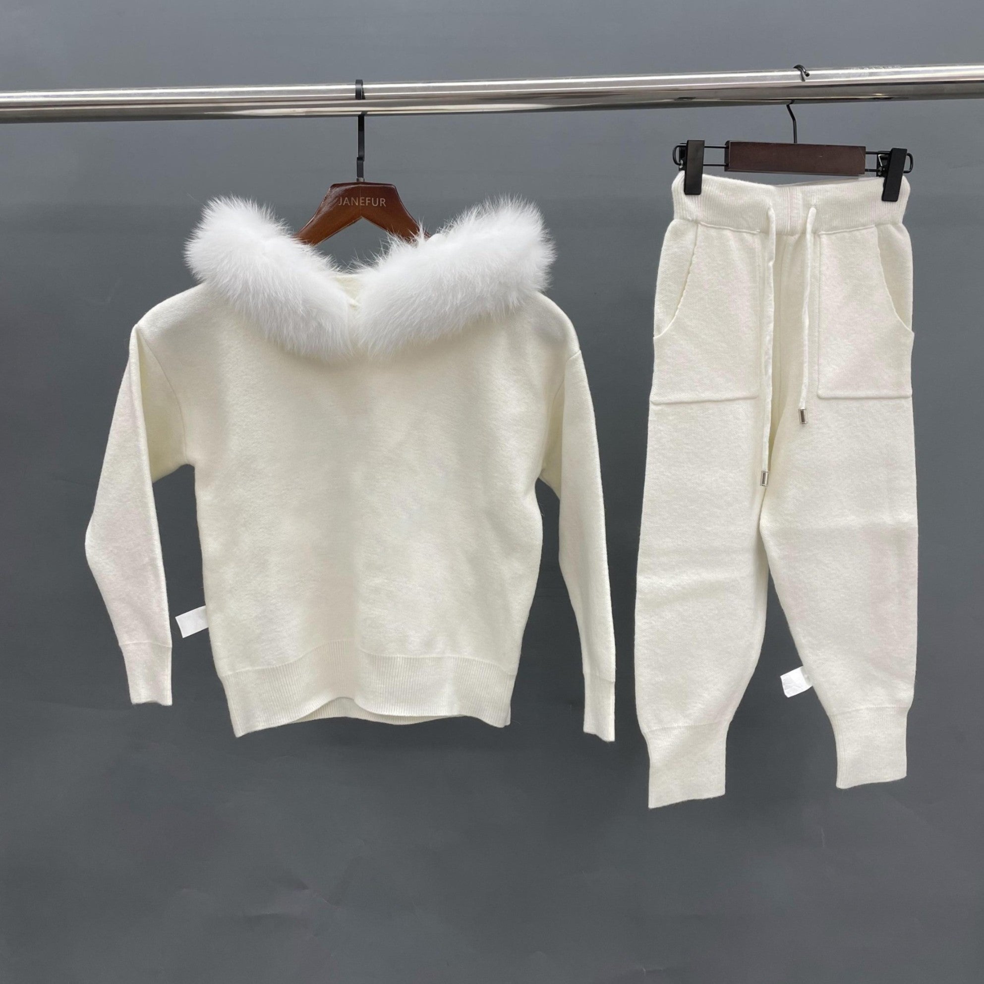 Children's Suit Fall and Winter Fur Collar Hooded Knit Sweatshirt Set - Janefur
