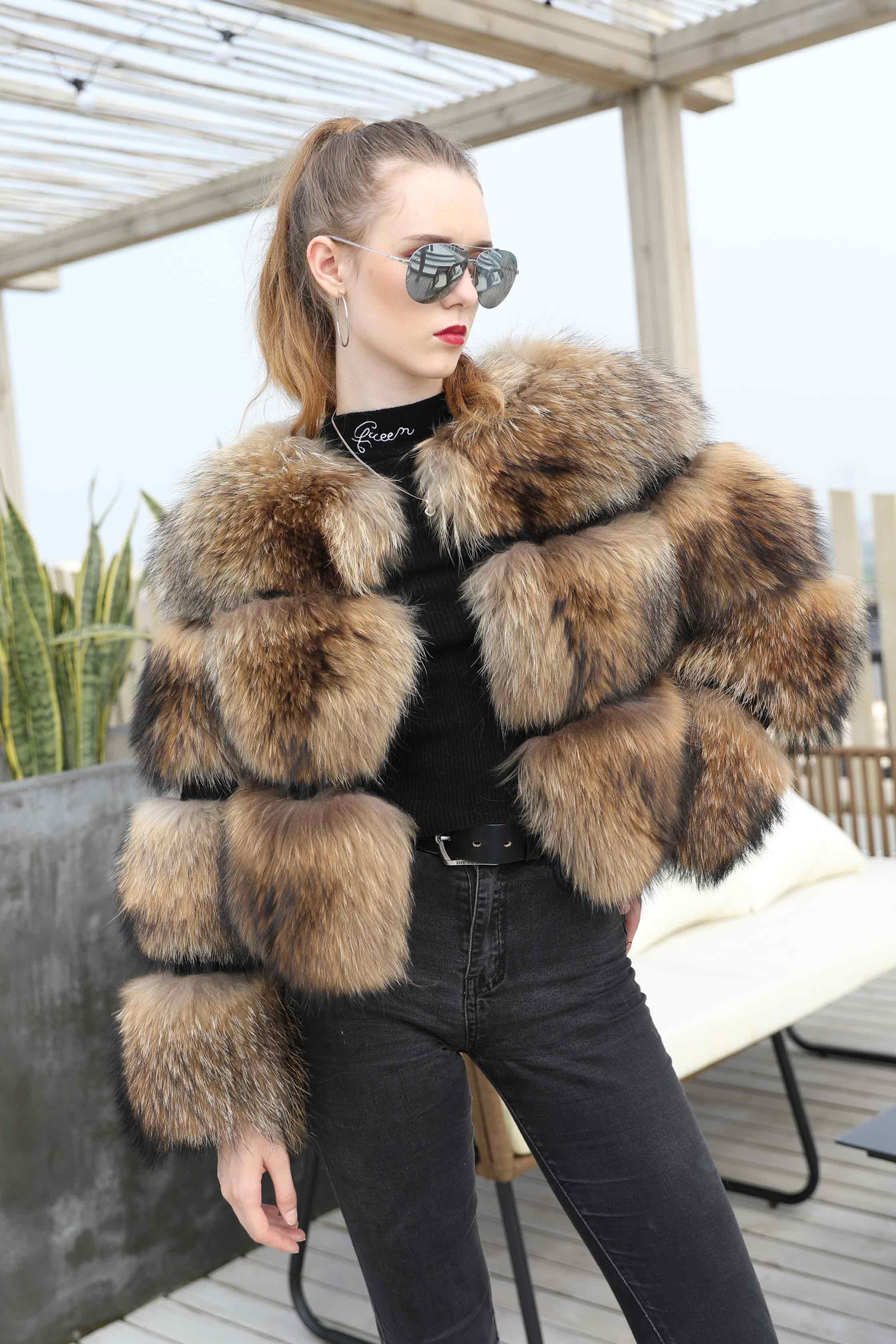 Winter Fashion Fluffy Natural Raccoon Fur Ladies Short Coat - Janefur