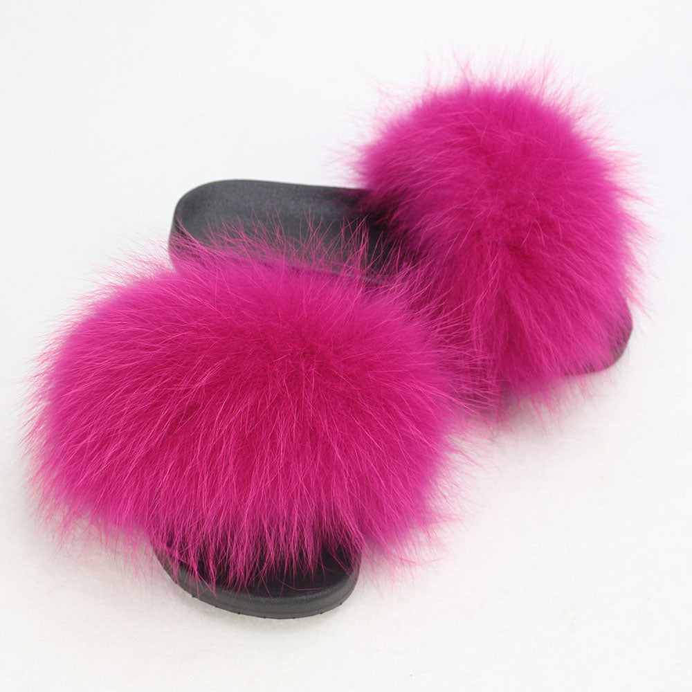 Janefur Wholesale Women's Fashion Slippers With Real Fox Fur Trim (Black, Gold, Silver Soles)