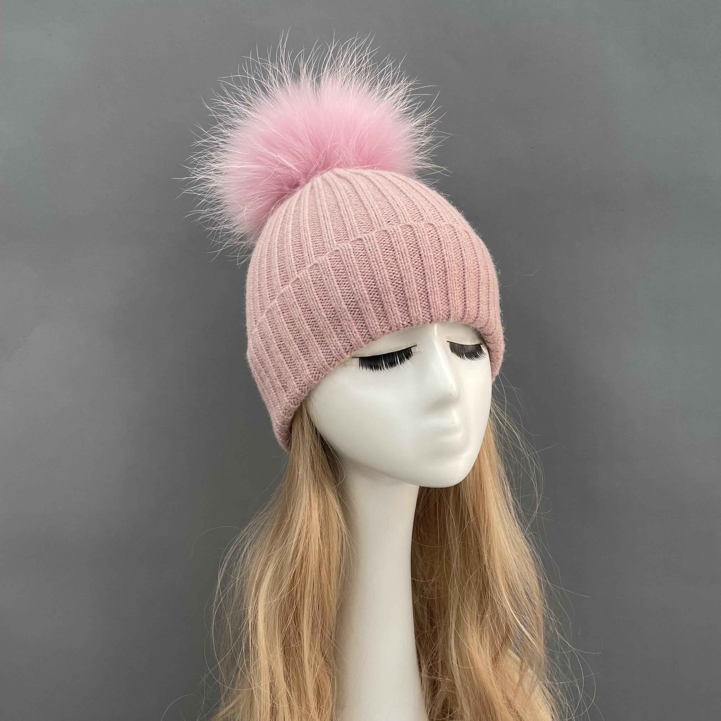 Women's Beige Ribbed Knit Beanie with Fur Pom-Pom – Soft Winter Hat for Women, Elegant & Warm 17#Dusty Pink a21 b34-68