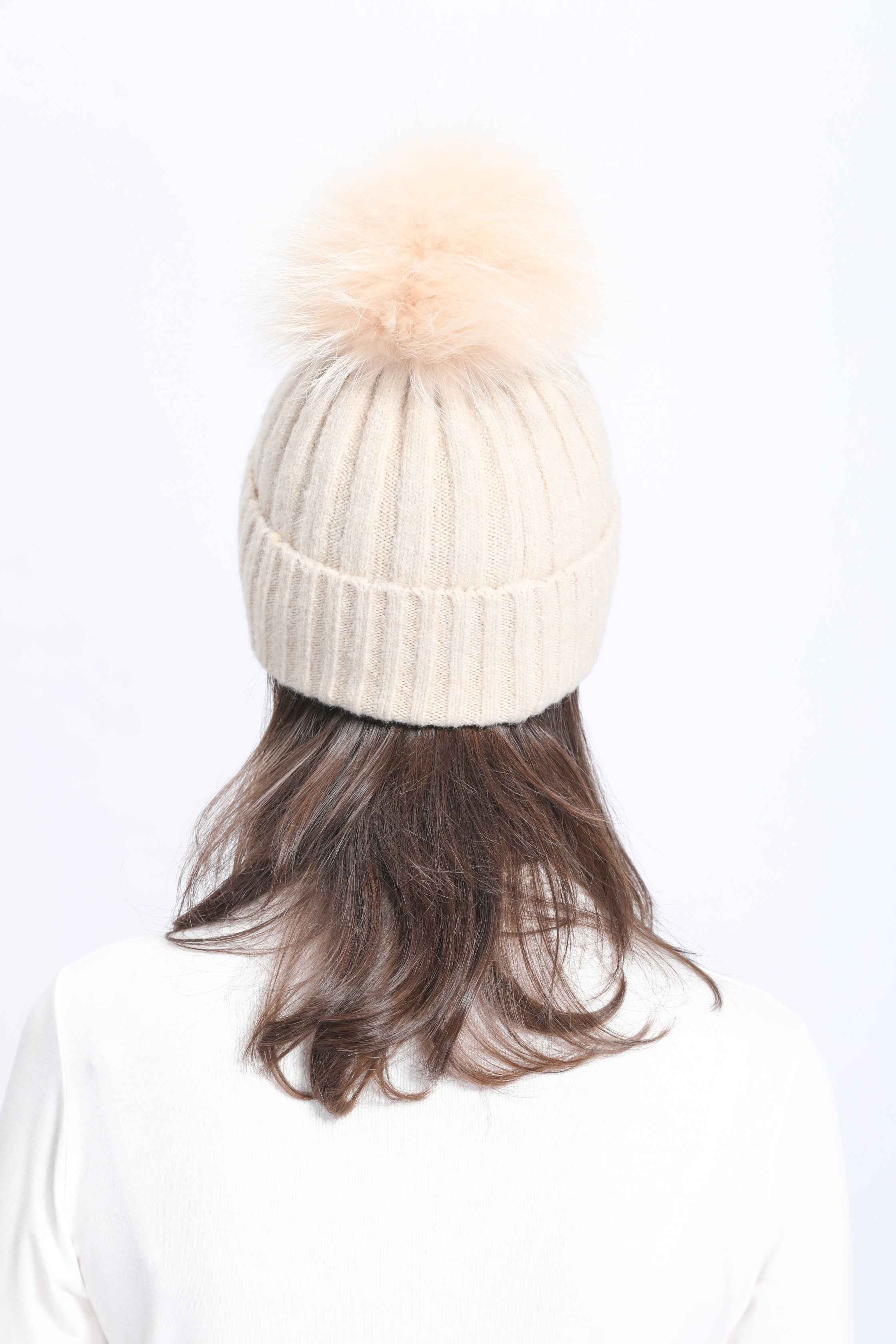 Women's Beige Ribbed Knit Beanie with Fur Pom-Pom – Soft Winter Hat for Women, Elegant & Warm