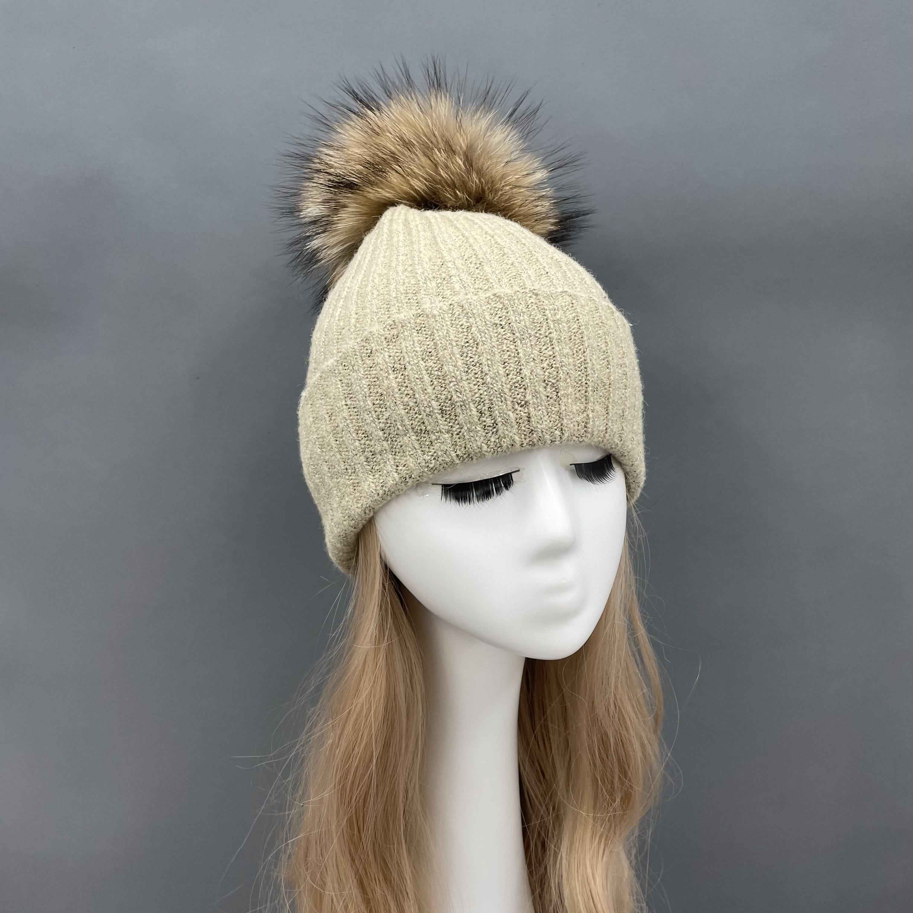 Women's Beige Ribbed Knit Beanie with Fur Pom-Pom – Soft Winter Hat for Women, Elegant & Warm 11#Light Khaki a21 b34-68
