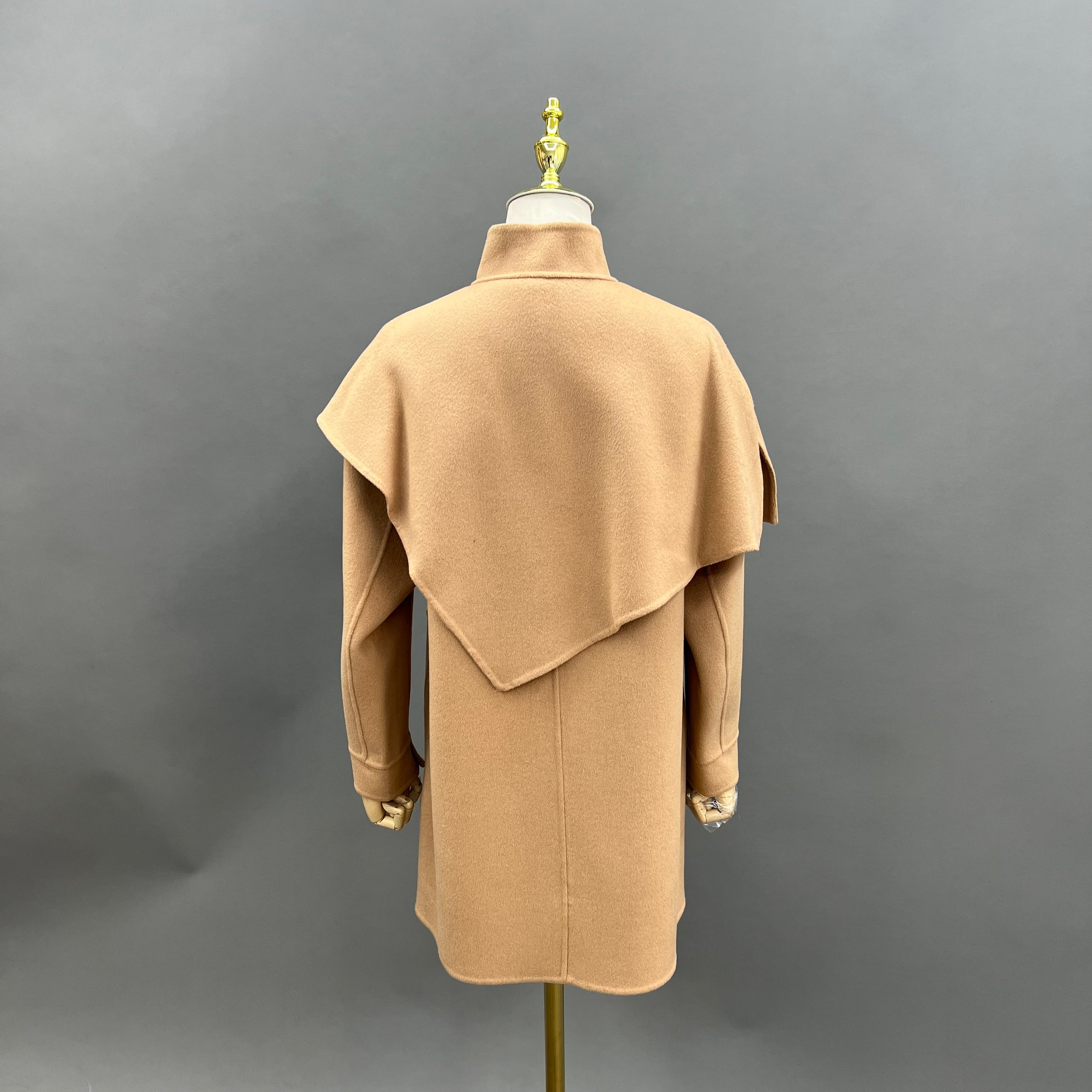 Women’s Camel Double-Faced Wool Cape Coat – Mid-Length Asymmetric Buttoned Winter Jacket for Elegant Fashion