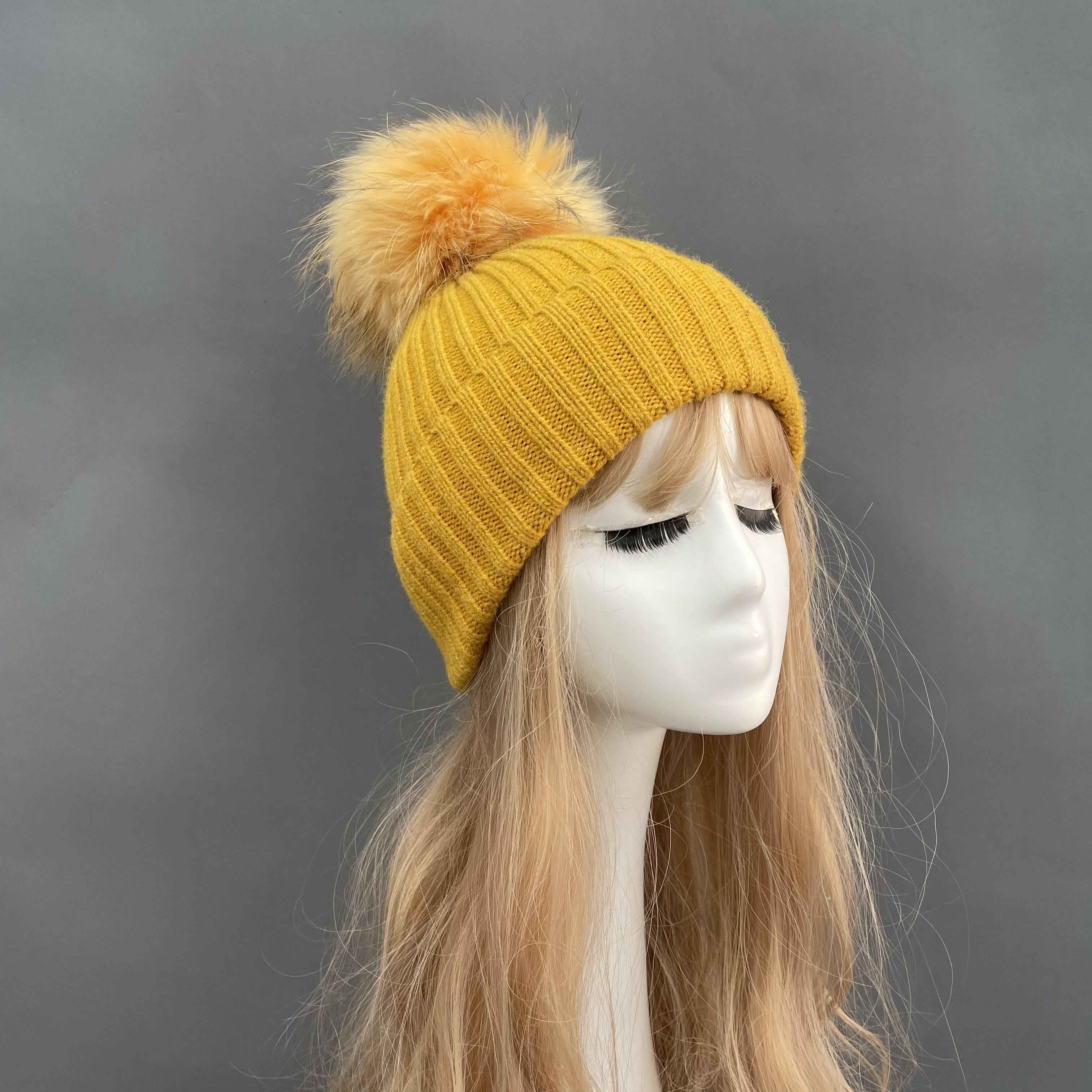 Women's Beige Ribbed Knit Beanie with Fur Pom-Pom – Soft Winter Hat for Women, Elegant & Warm 1#Mustard Yellow a21 b34-68