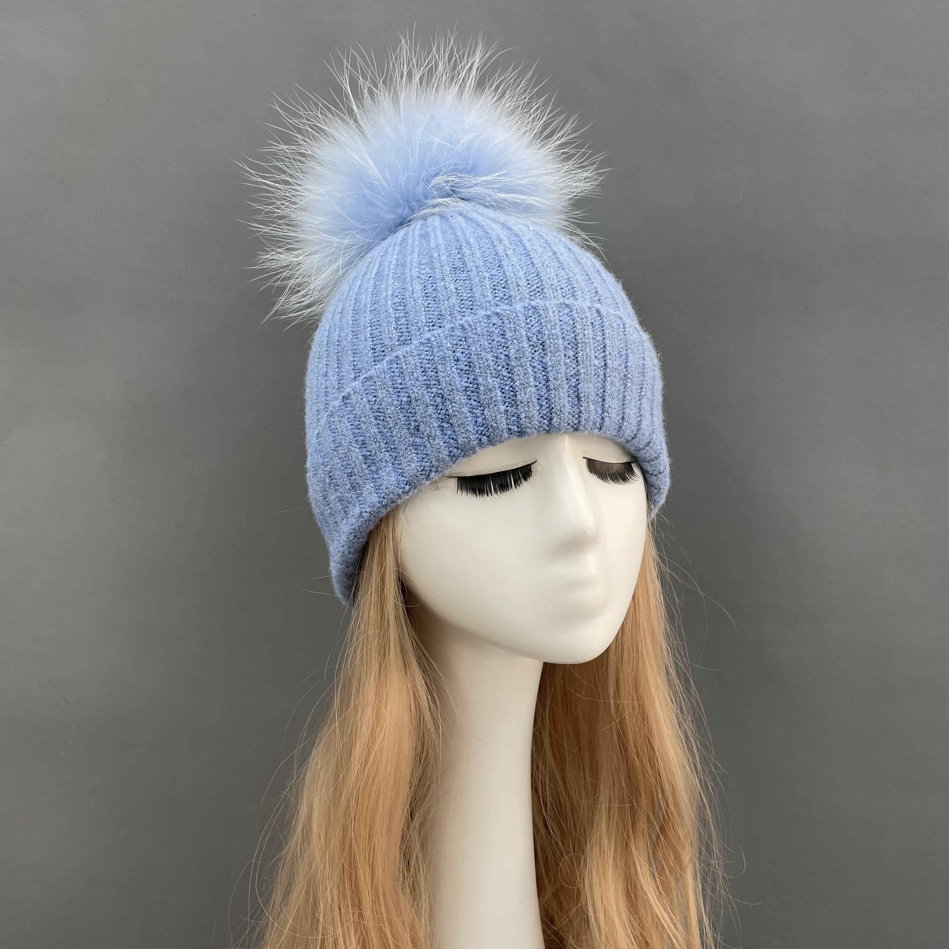 Women's Beige Ribbed Knit Beanie with Fur Pom-Pom – Soft Winter Hat for Women, Elegant & Warm 19#Sky Blue a21 b34-68