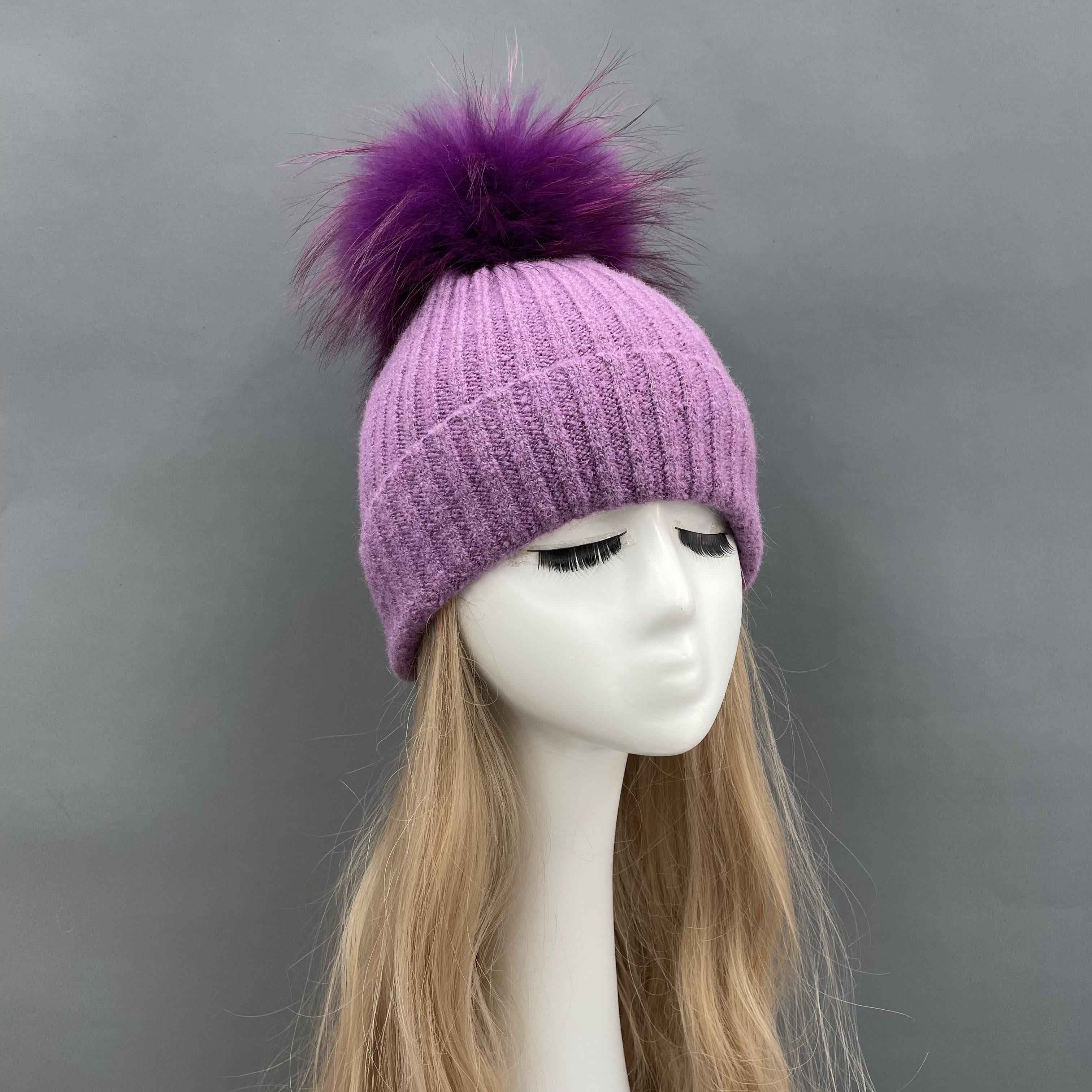 Women's Beige Ribbed Knit Beanie with Fur Pom-Pom – Soft Winter Hat for Women, Elegant & Warm 9#Lavender a21 b34-68