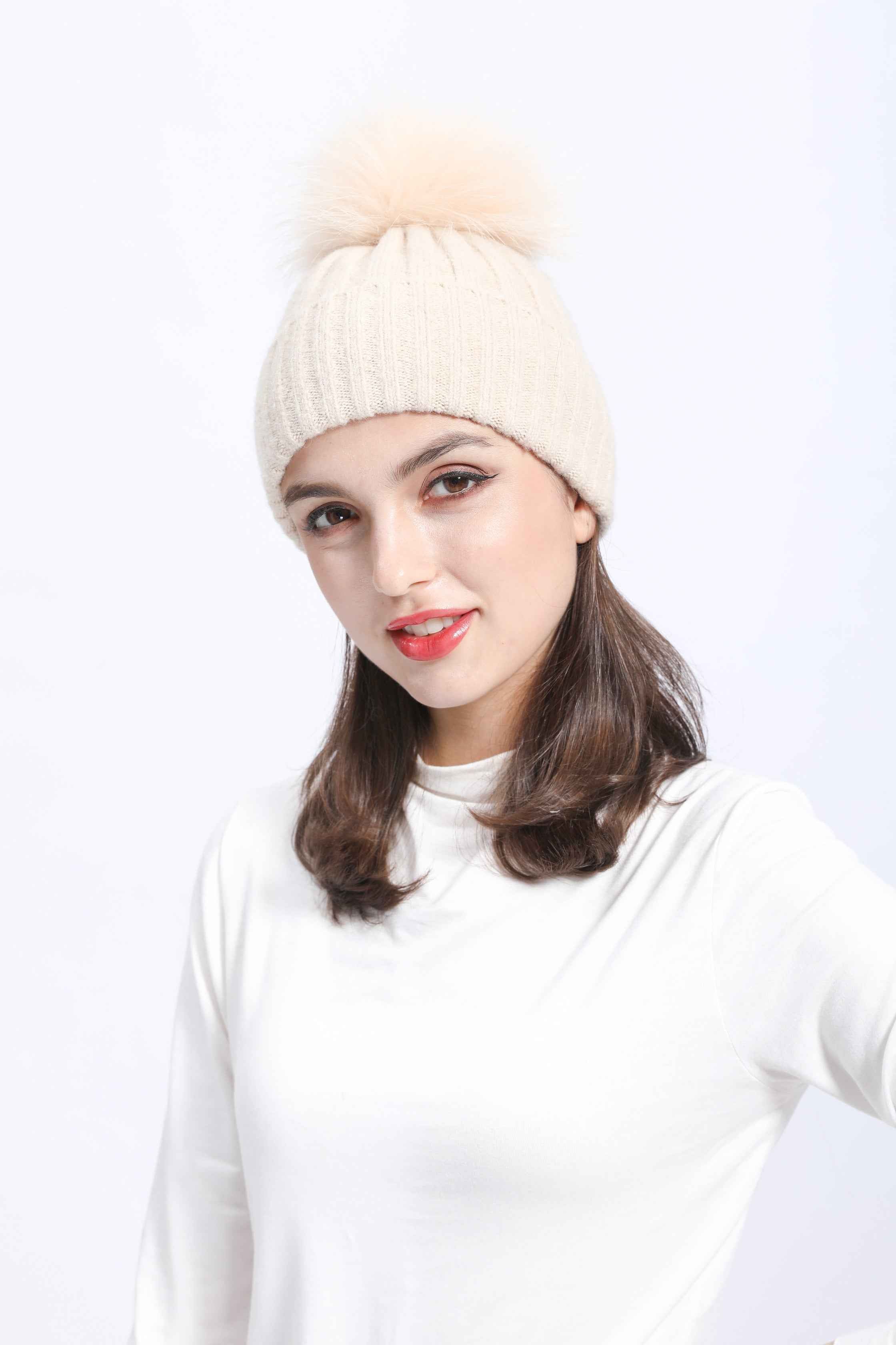Women's Beige Ribbed Knit Beanie with Fur Pom-Pom – Soft Winter Hat for Women, Elegant & Warm