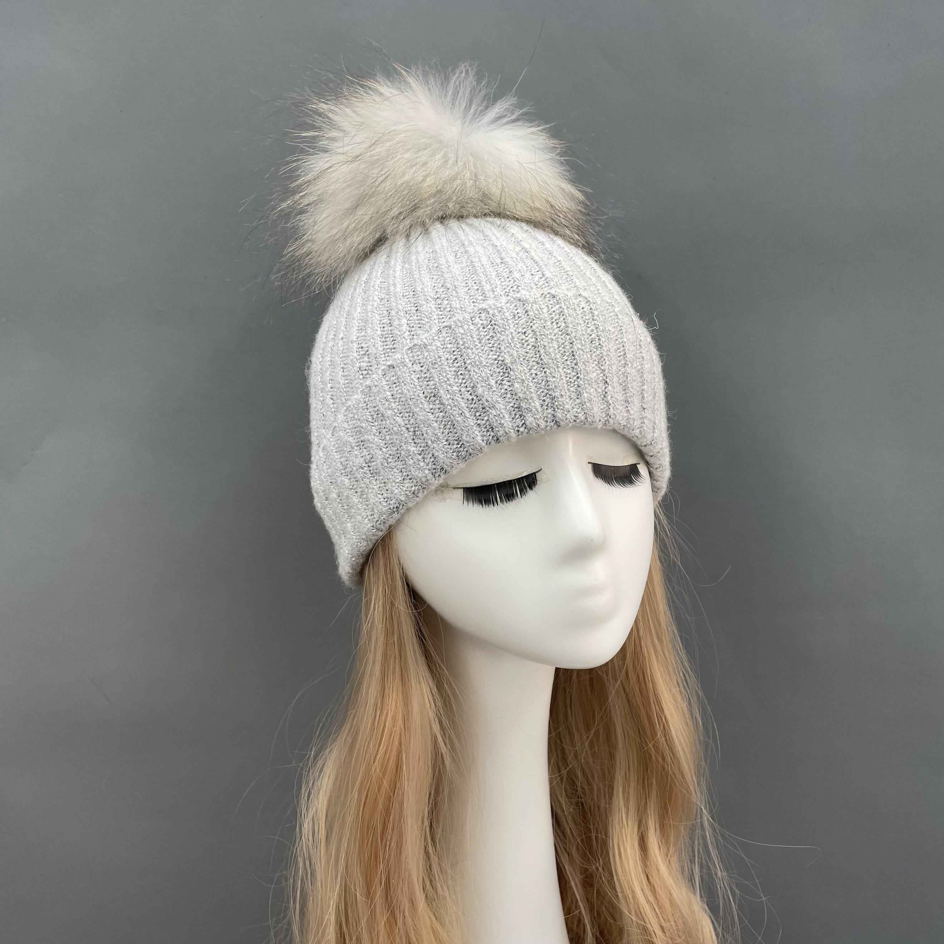 Women's Beige Ribbed Knit Beanie with Fur Pom-Pom – Soft Winter Hat for Women, Elegant & Warm 6#Light Grey a21 b34-68