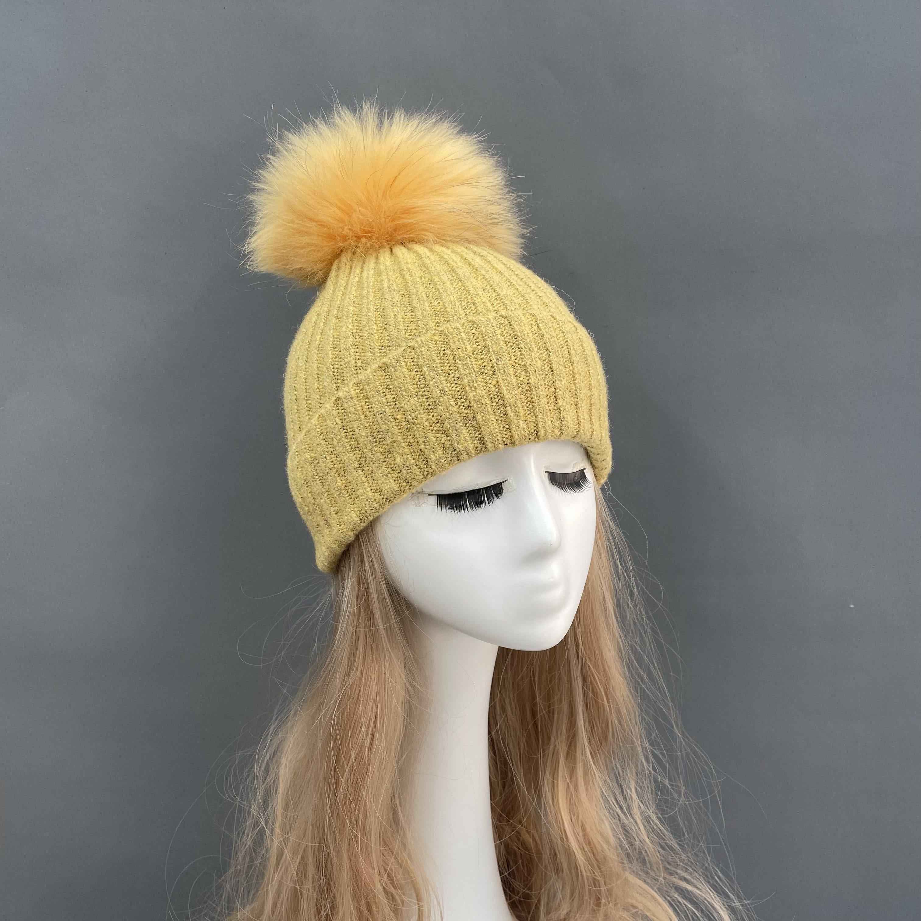 Women's Beige Ribbed Knit Beanie with Fur Pom-Pom – Soft Winter Hat for Women, Elegant & Warm 15#Lemon Yellow a21 b34-68