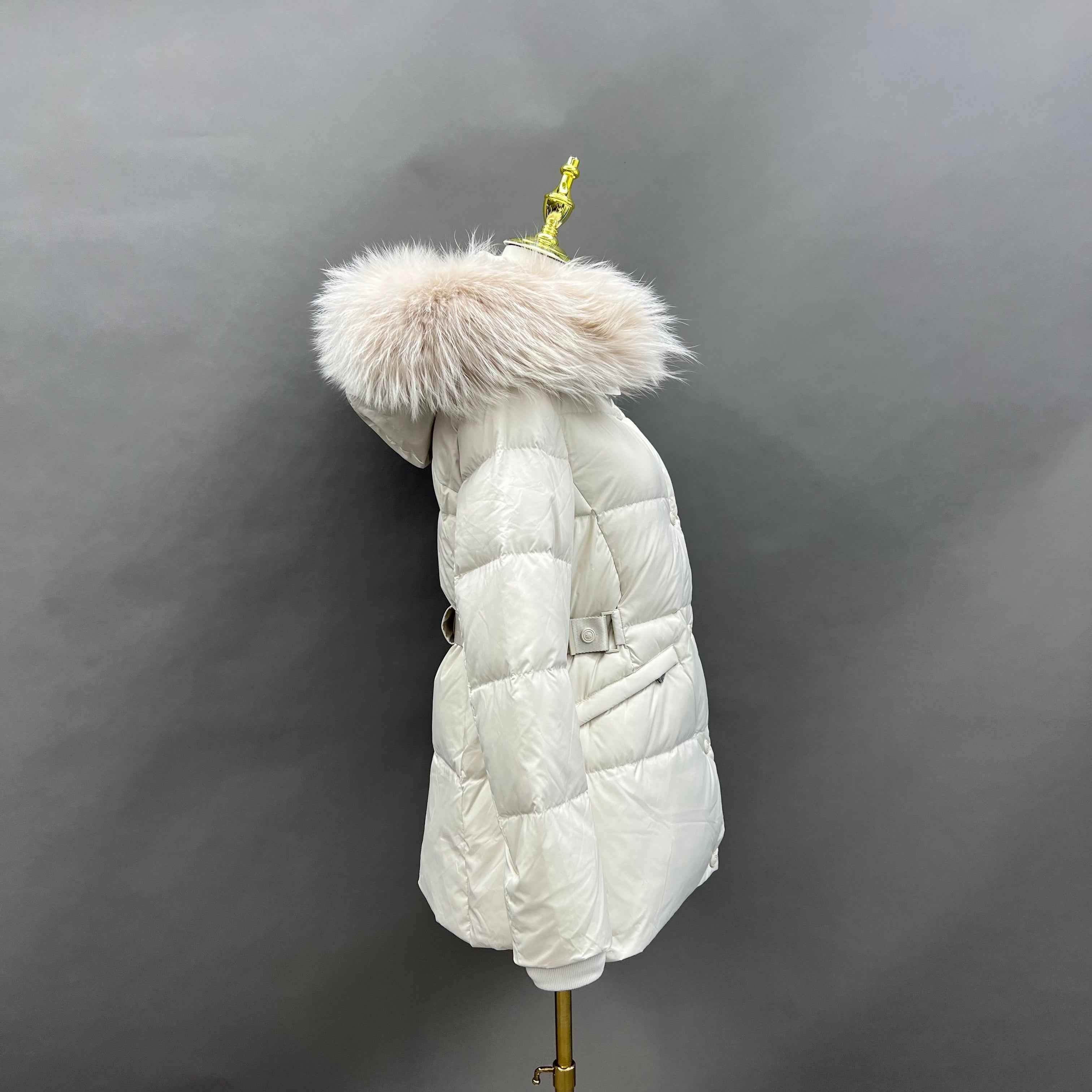 Women's Short Down Jacket with Raccoon Fur - Trimmed Hood