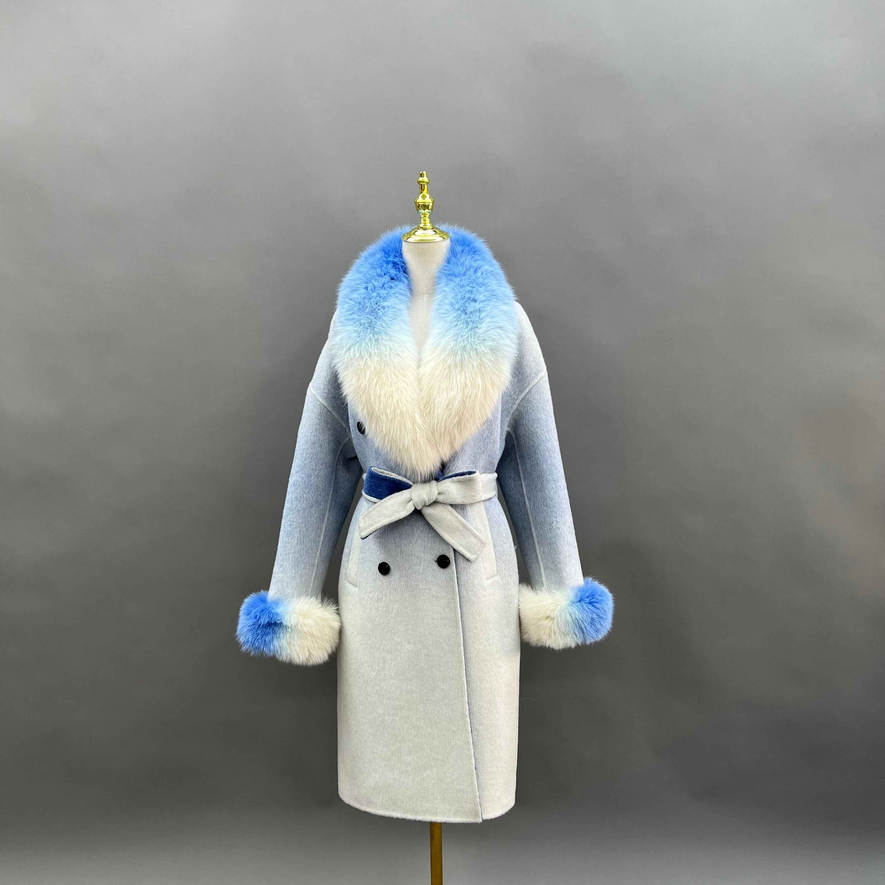 Cashmere Double Faced Coat with Fox Fur Collar & Cuffs and Tie Belt