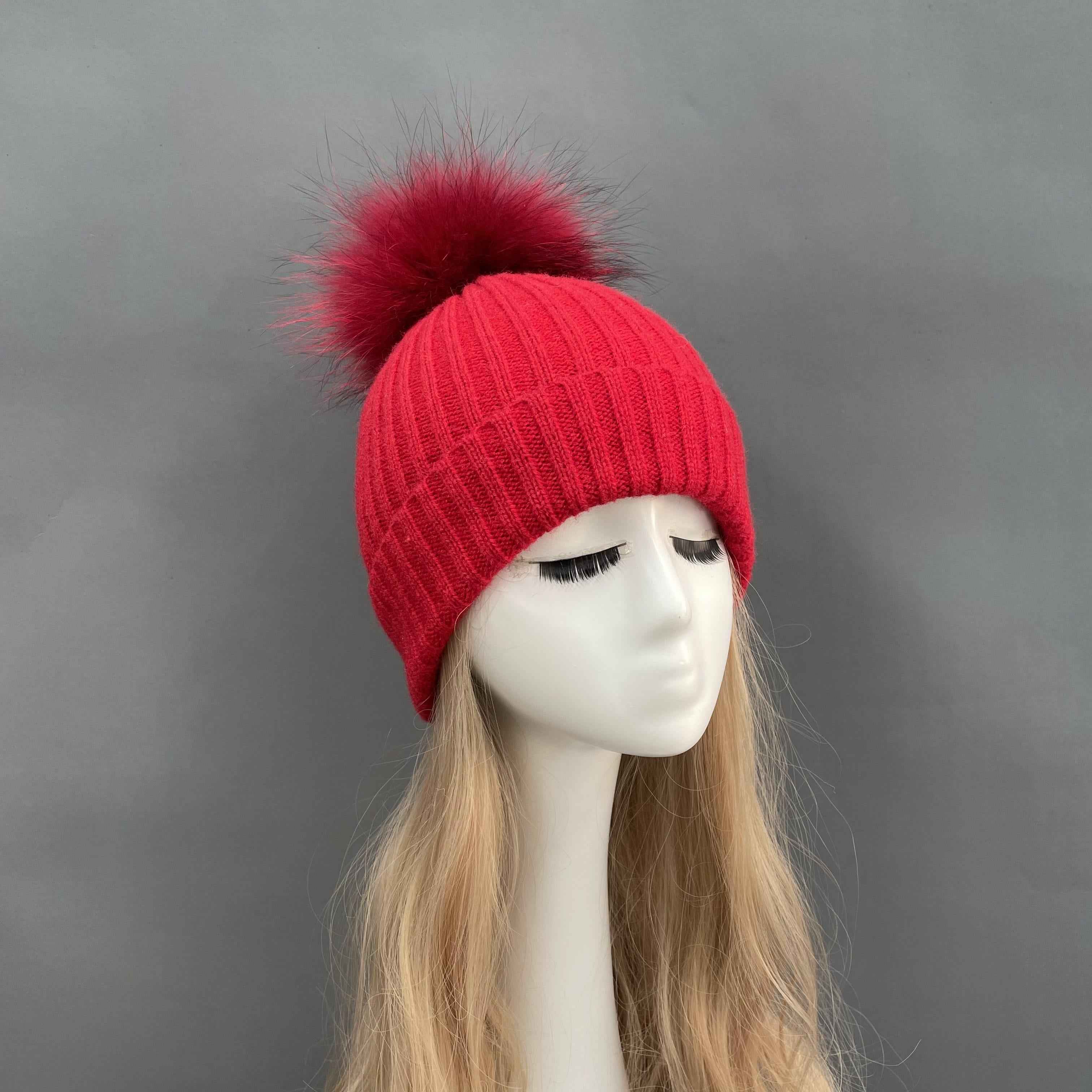 Women's Beige Ribbed Knit Beanie with Fur Pom-Pom – Soft Winter Hat for Women, Elegant & Warm 14#Bright Red a21 b34-68