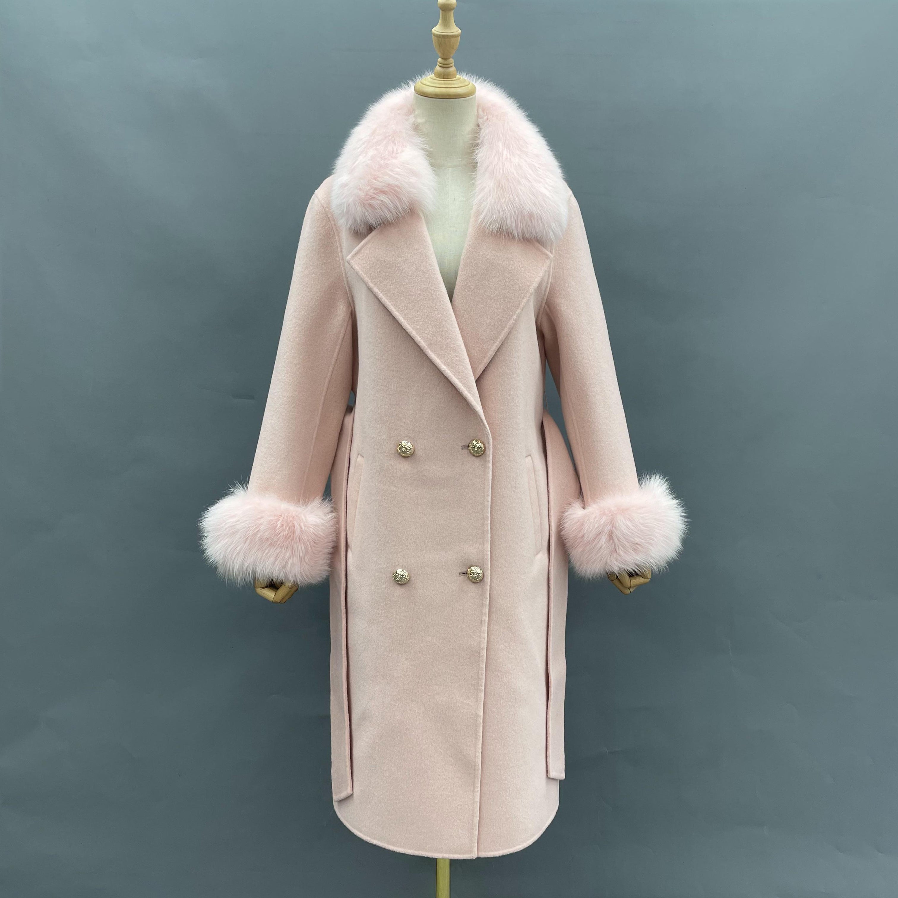 Women's Long Cashmere Coat With Fox Fur Collar And Belt 7#Dusty Pink