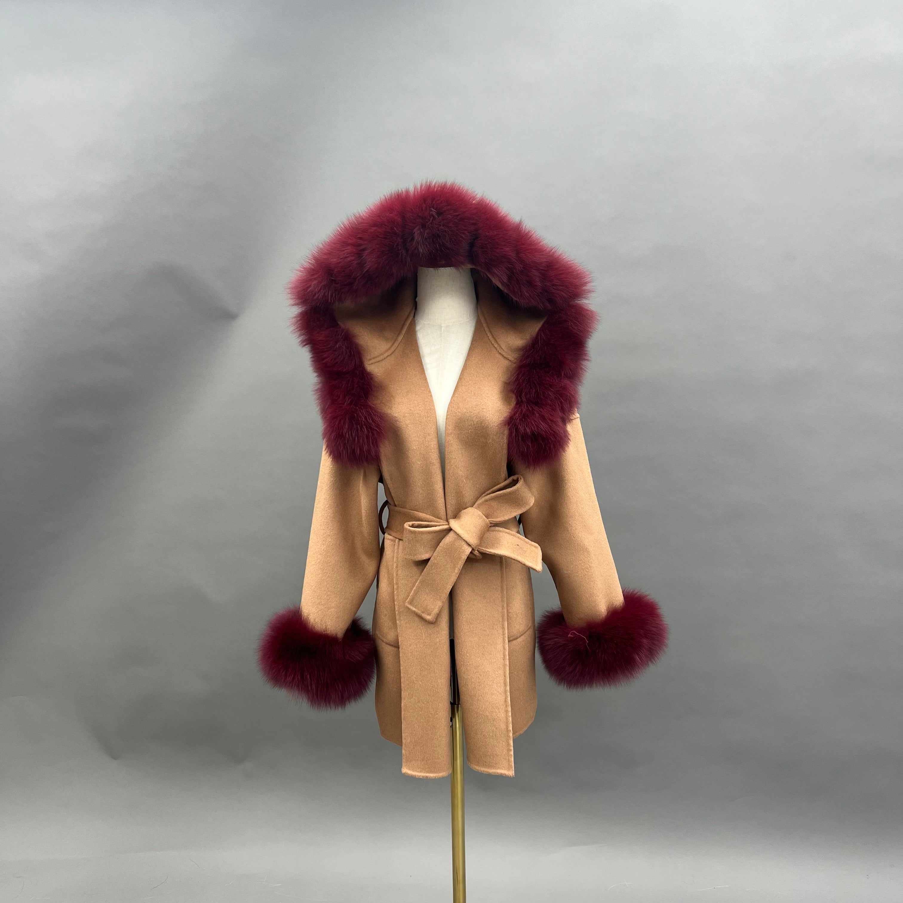 Women's Ivory Double-Faced Wool Coat with Real Fox Fur Collar – Hooded Design, Segmented Fur Trim, Elegant Winter Outerwear for Women 4#Camel with Burgundy Fur