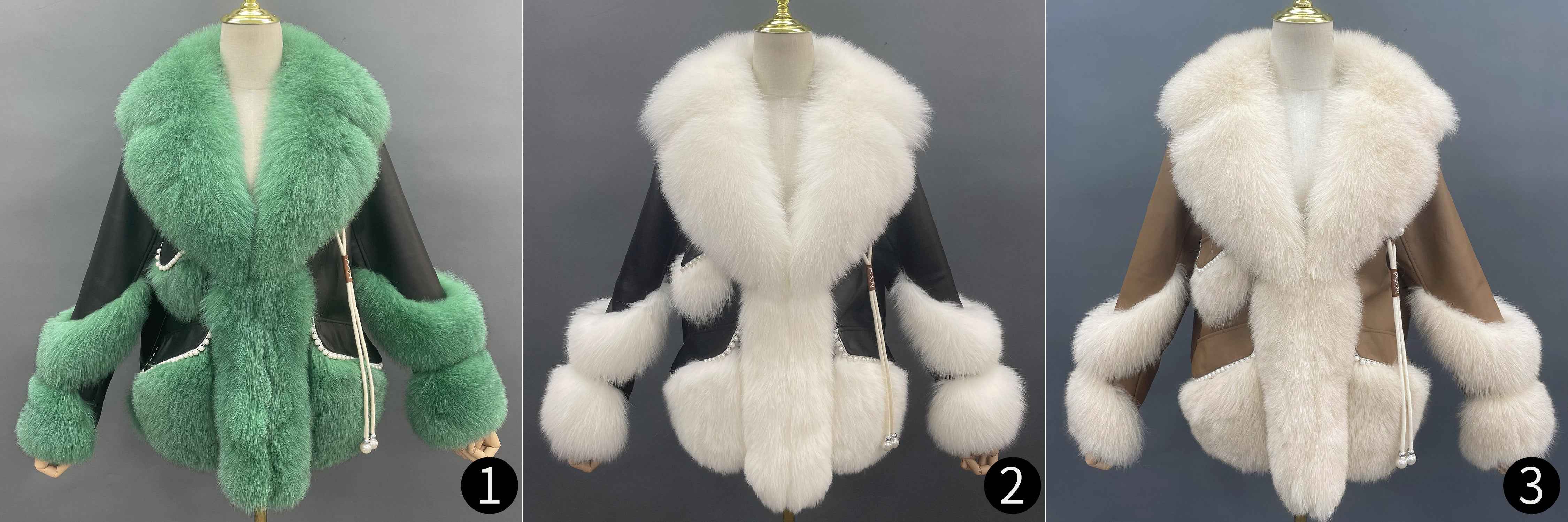 Women’s Black Leather Jacket with Emerald Green Fox Fur Trim – Notch Lapel Coat with Pearl Detail for Luxury Winter Fashion