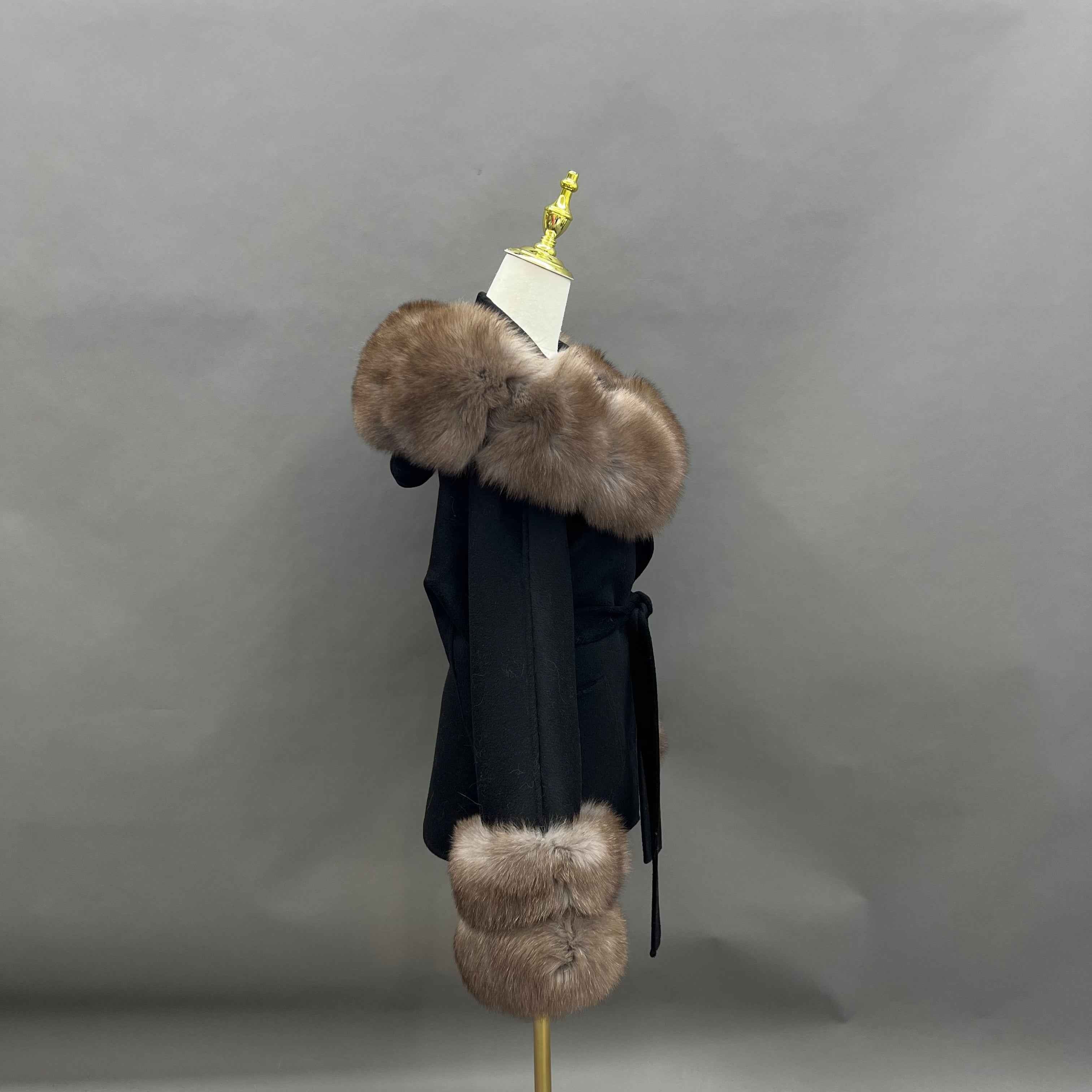 Autumn Winter Black Double - faced Wool Coat with Fox Fur Trim and Tie Waist