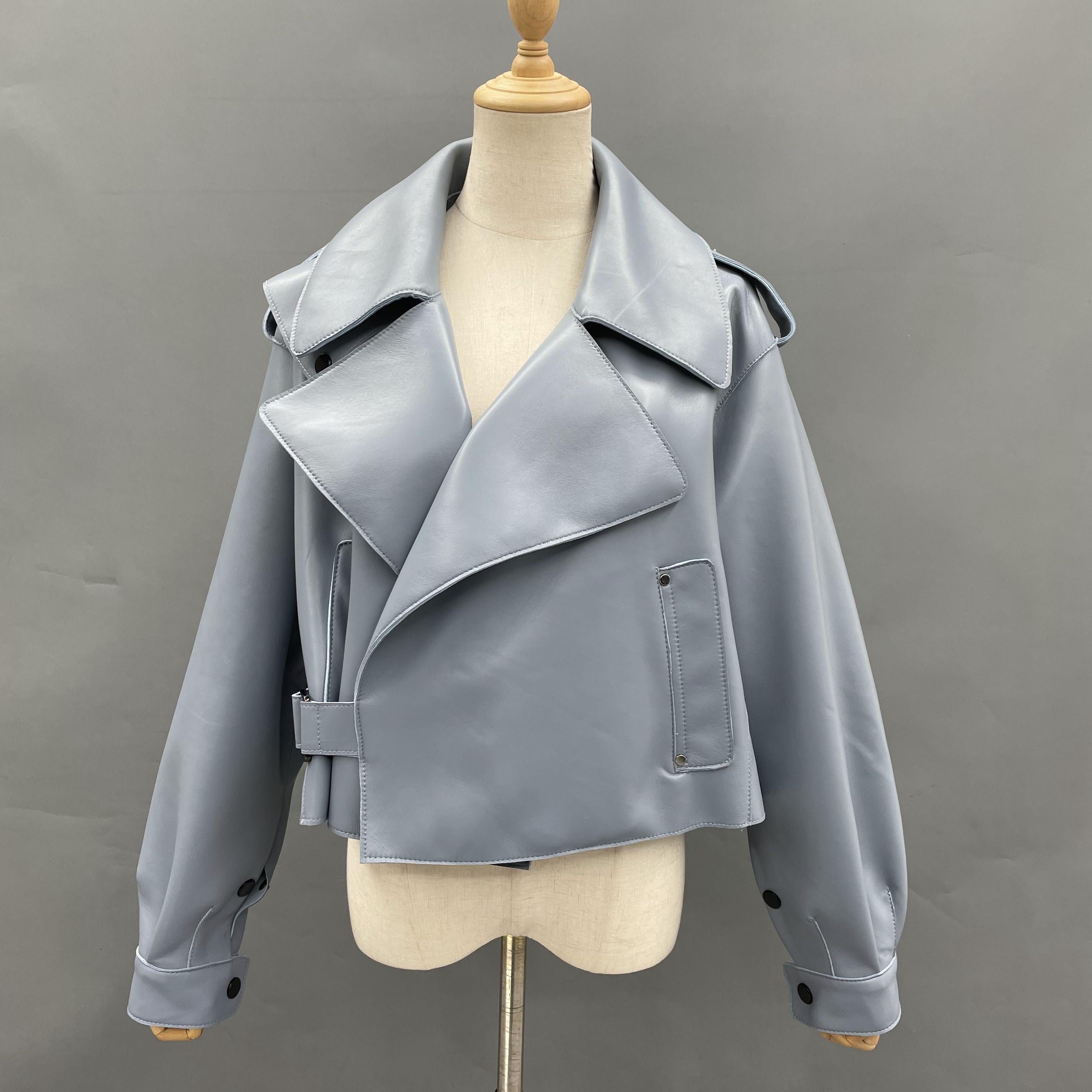 Women's Bright Green Faux Leather Biker Jacket with Wide Lapel, Slant Pockets & Belted Detail - Edgy Street Style Outerwear