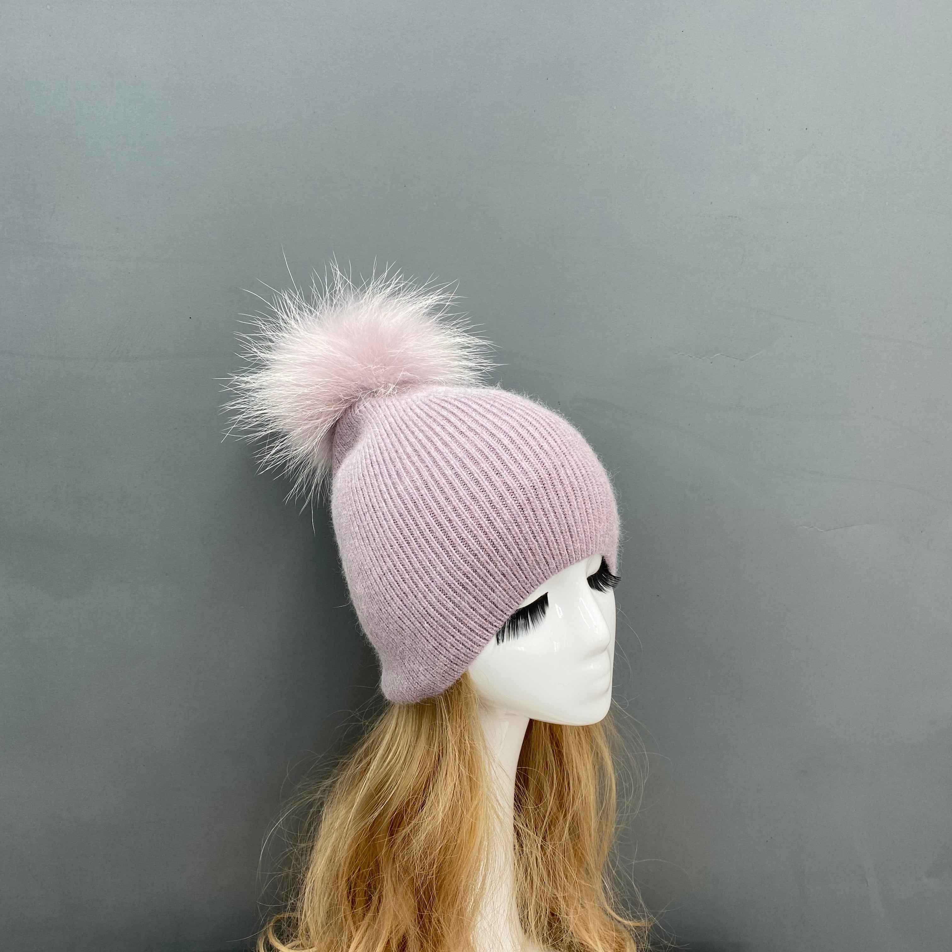 Women's & Kids' Gray Knit Beanie with Real Raccoon Fur Pom-Pom – Soft Rabbit Blend, Non-Cuffed Winter Hat for Family 3# Dusty Pink