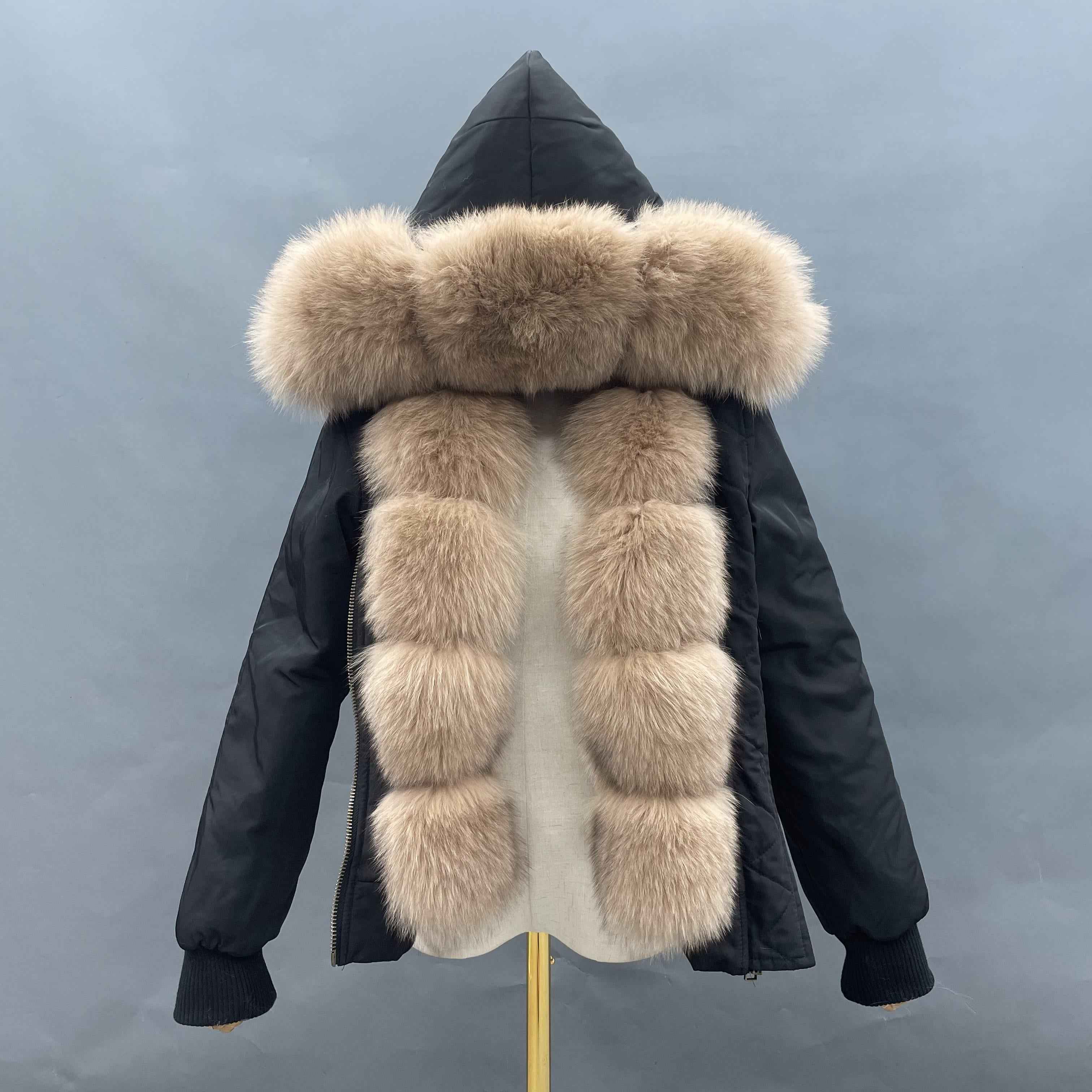 Women's Bomber Jacket with Pink Fox Fur Collar & Front Trim – Luxury Aviator Coat, Furry Winter Fashion Statement Piece 1#