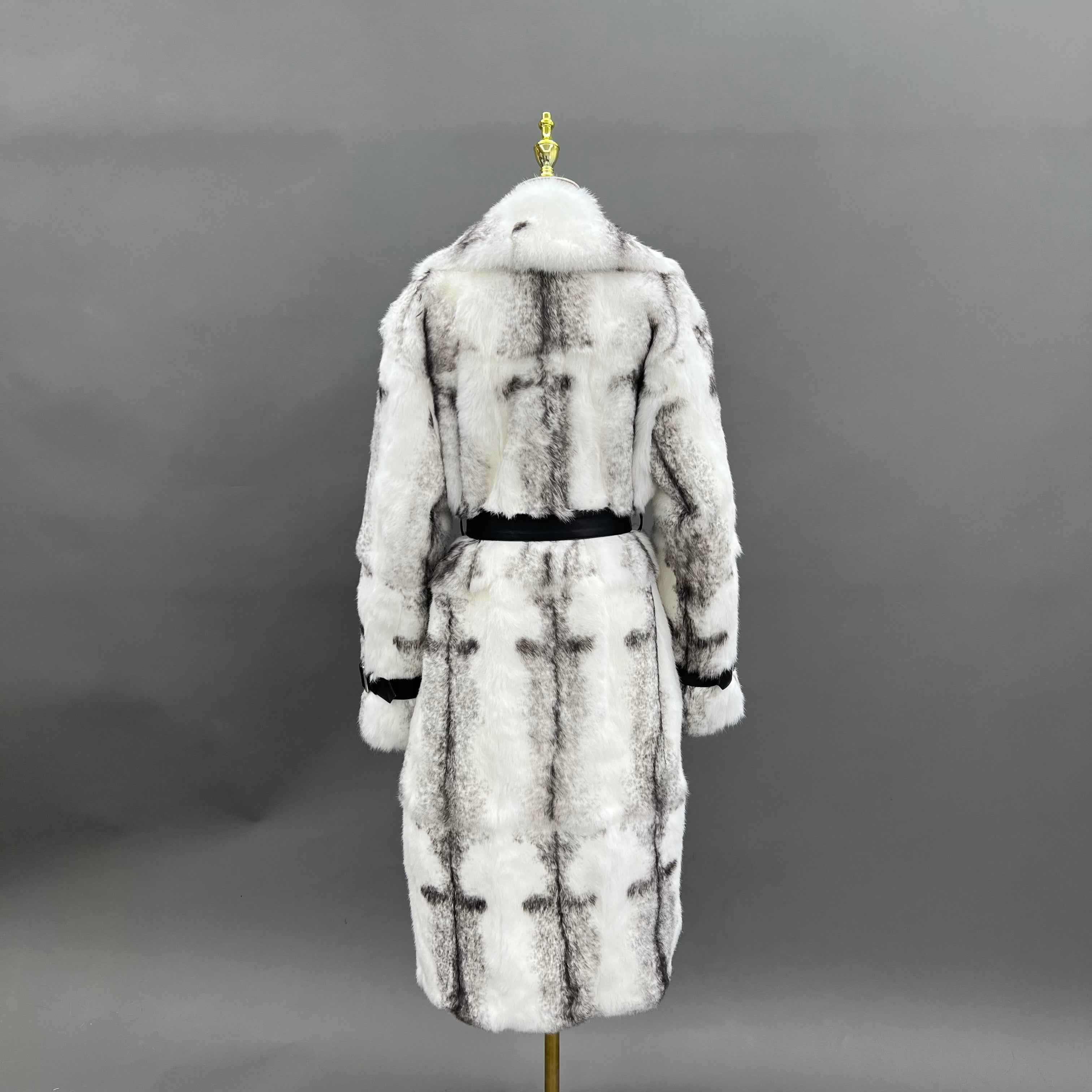 Luxury Rabbit Fur Coat with Notched Lapel and Leather Cuffs – Long Women’s Winter Fur Jacket with Belt