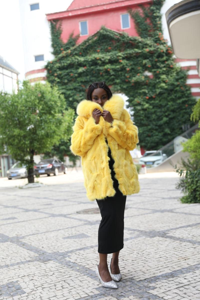Women's Long Yellow Hooded Fox Fur Coat - Janefur