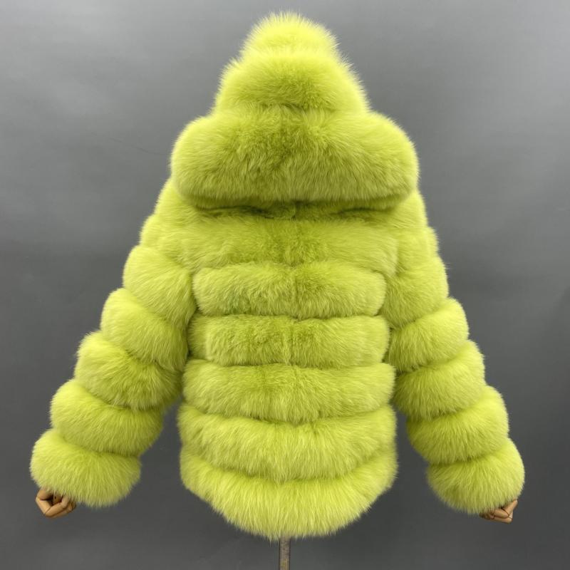 Fashion Women's Solid Color Real Fox Fur Warm Coat With Hat - Janefur